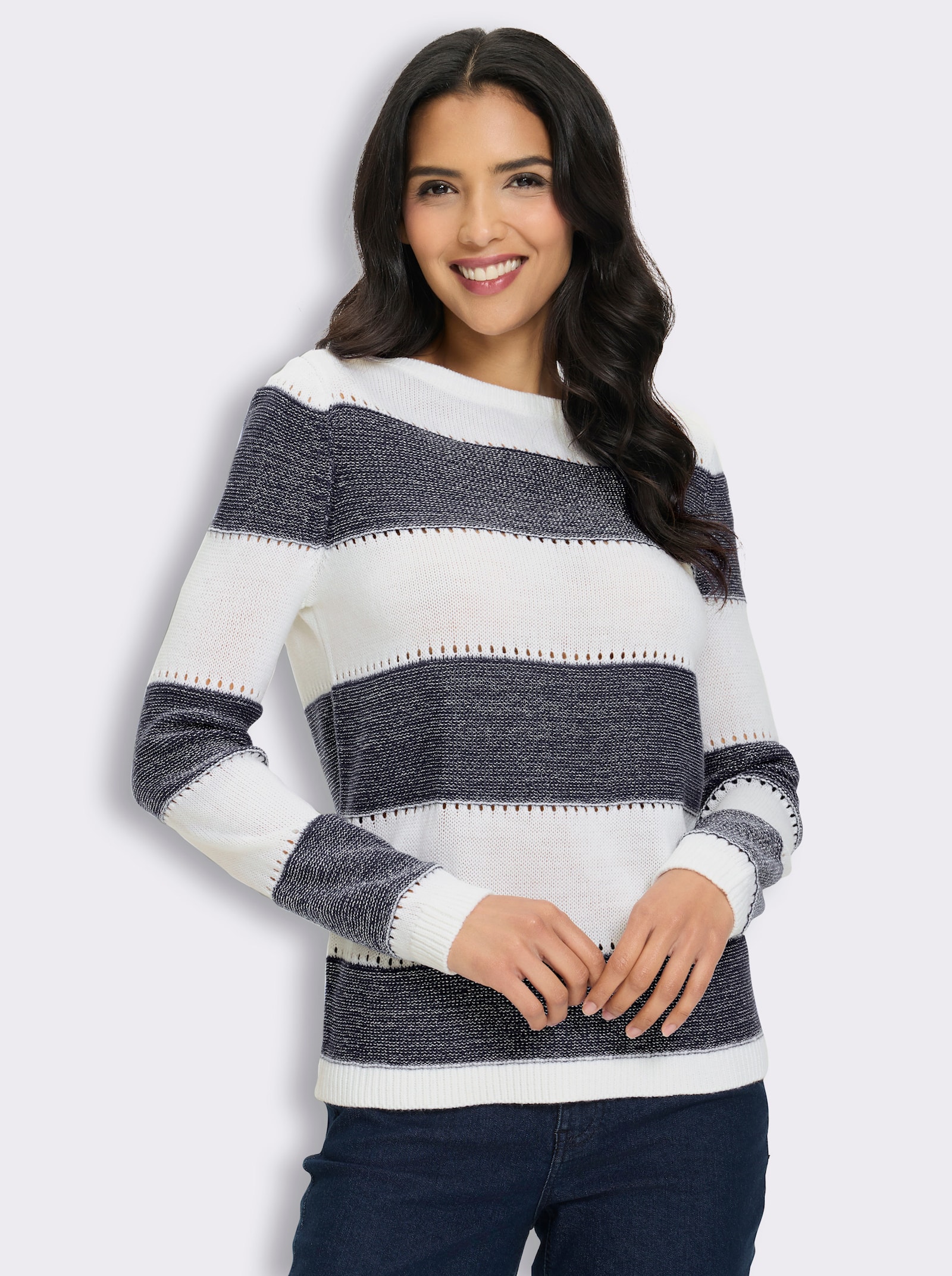Langarm-Pullover mit Glanzgarn, Streifen-Muster - marine-ecru-gemustert