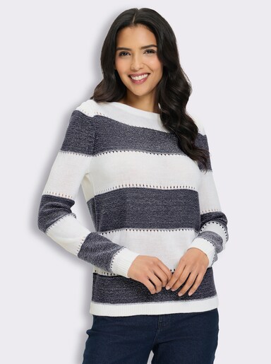 Langarm-Pullover mit Glanzgarn, Streifen-Muster - marine-ecru-gemustert