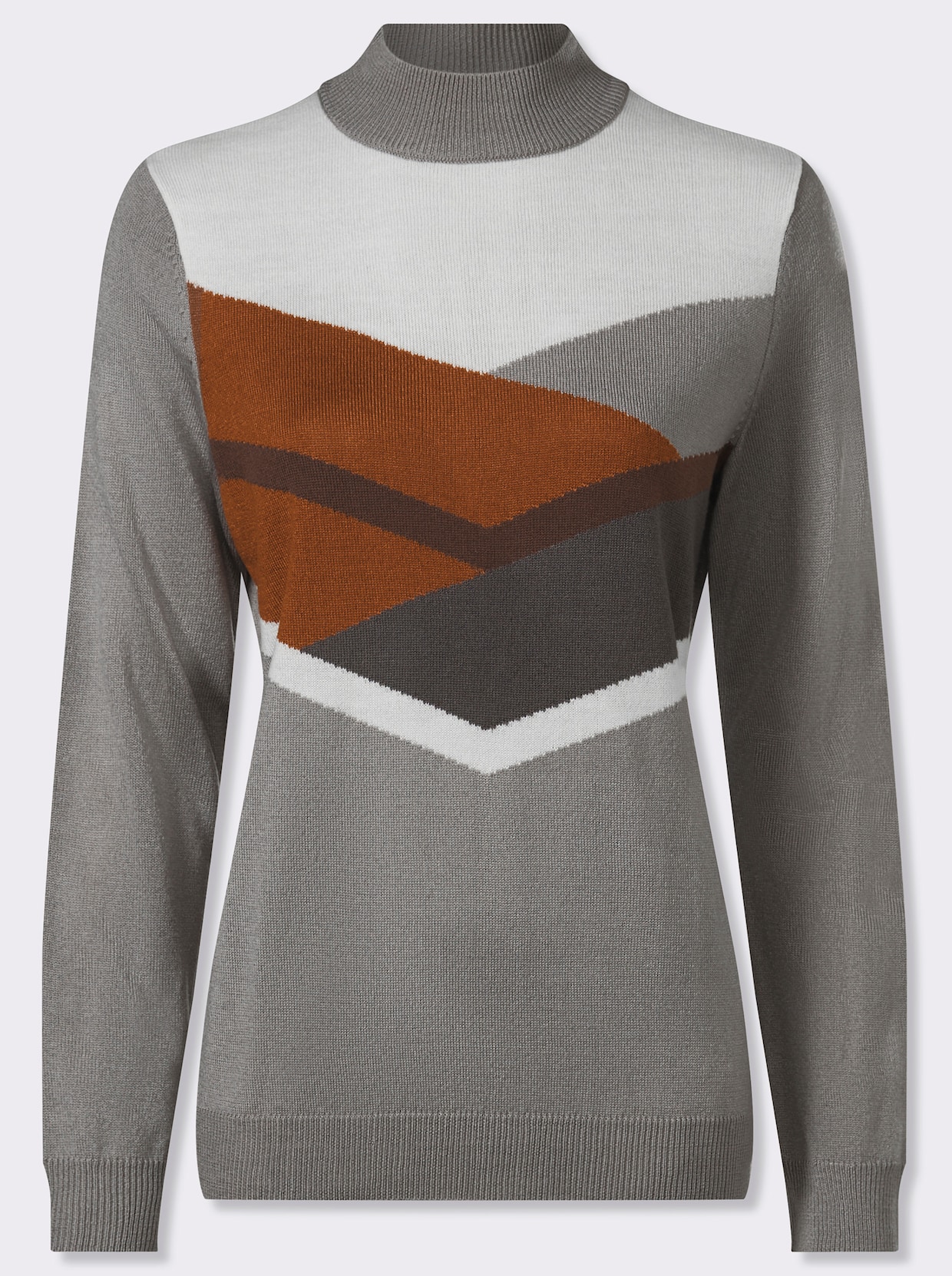 Stehkragenpullover mit Intarsienmuster - steingrau-schoko-gemustert