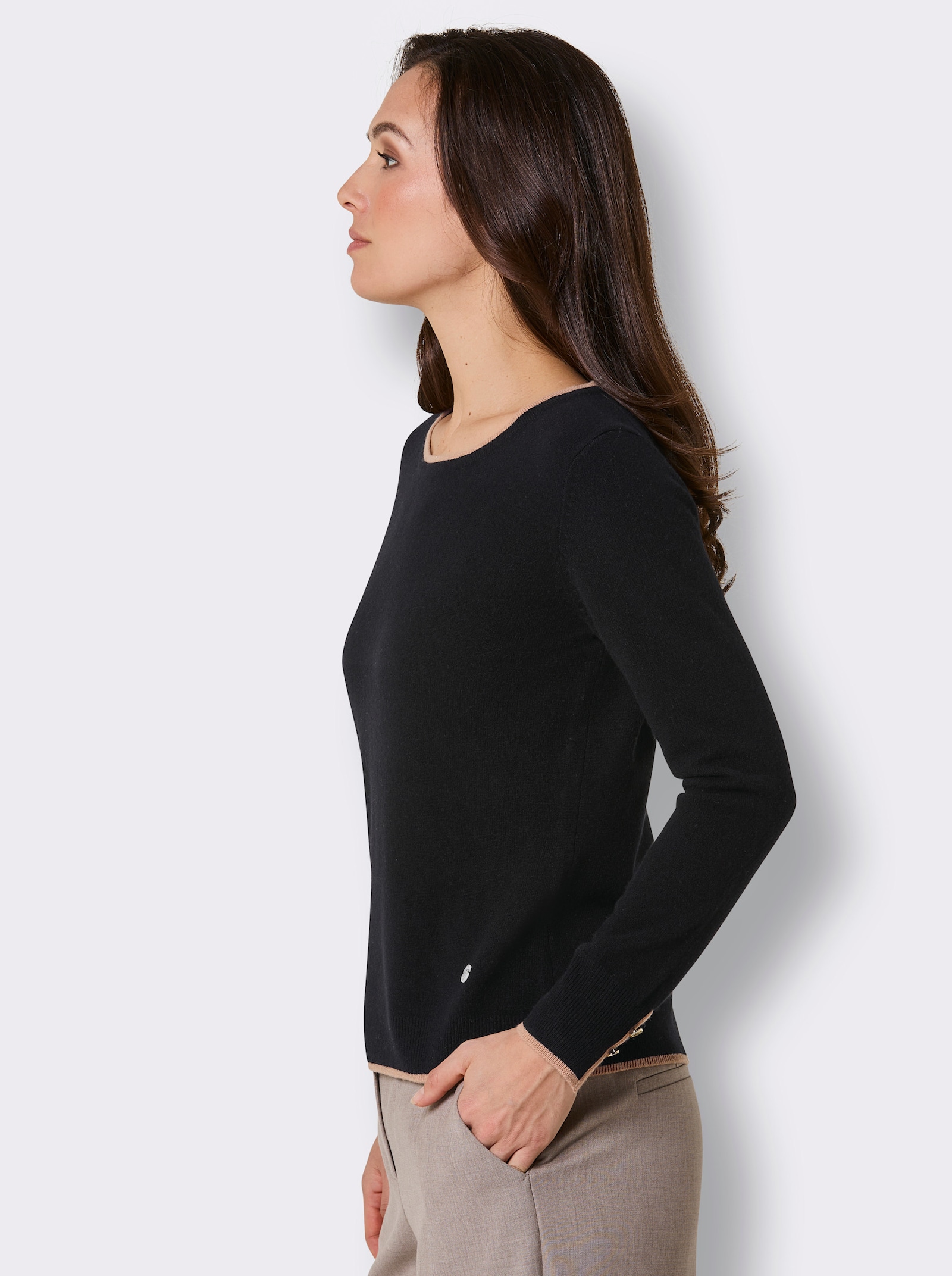 CREATION L PREMIUM Wollpullover mit Kontrastkanten - schwarz-camel