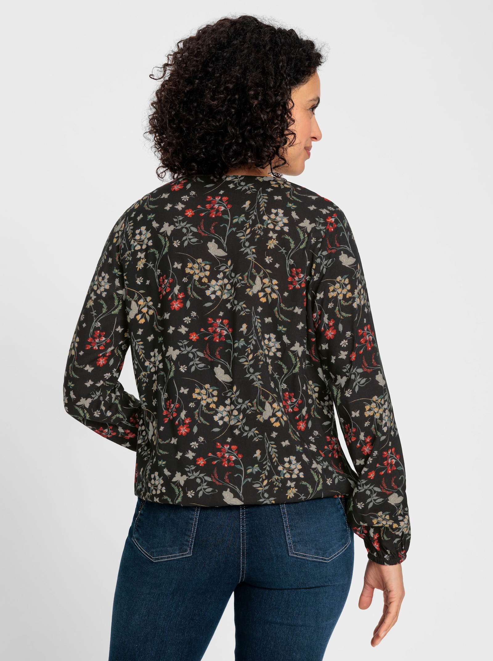 Halenka s dlouhým rukávem z čisté viskózy - černá-okrová-potisk