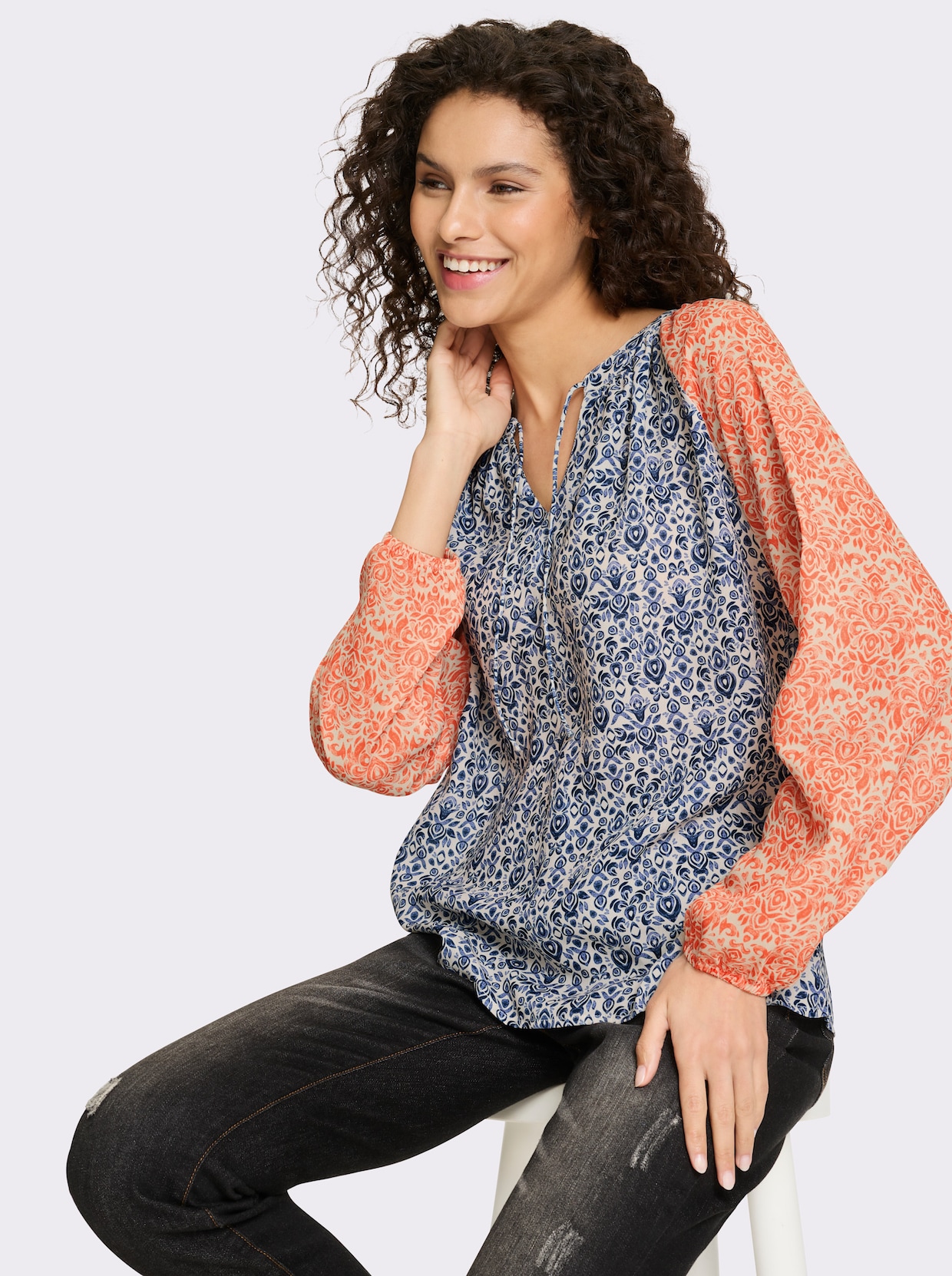 heine Druckbluse - orange-taubenblau-bedruckt