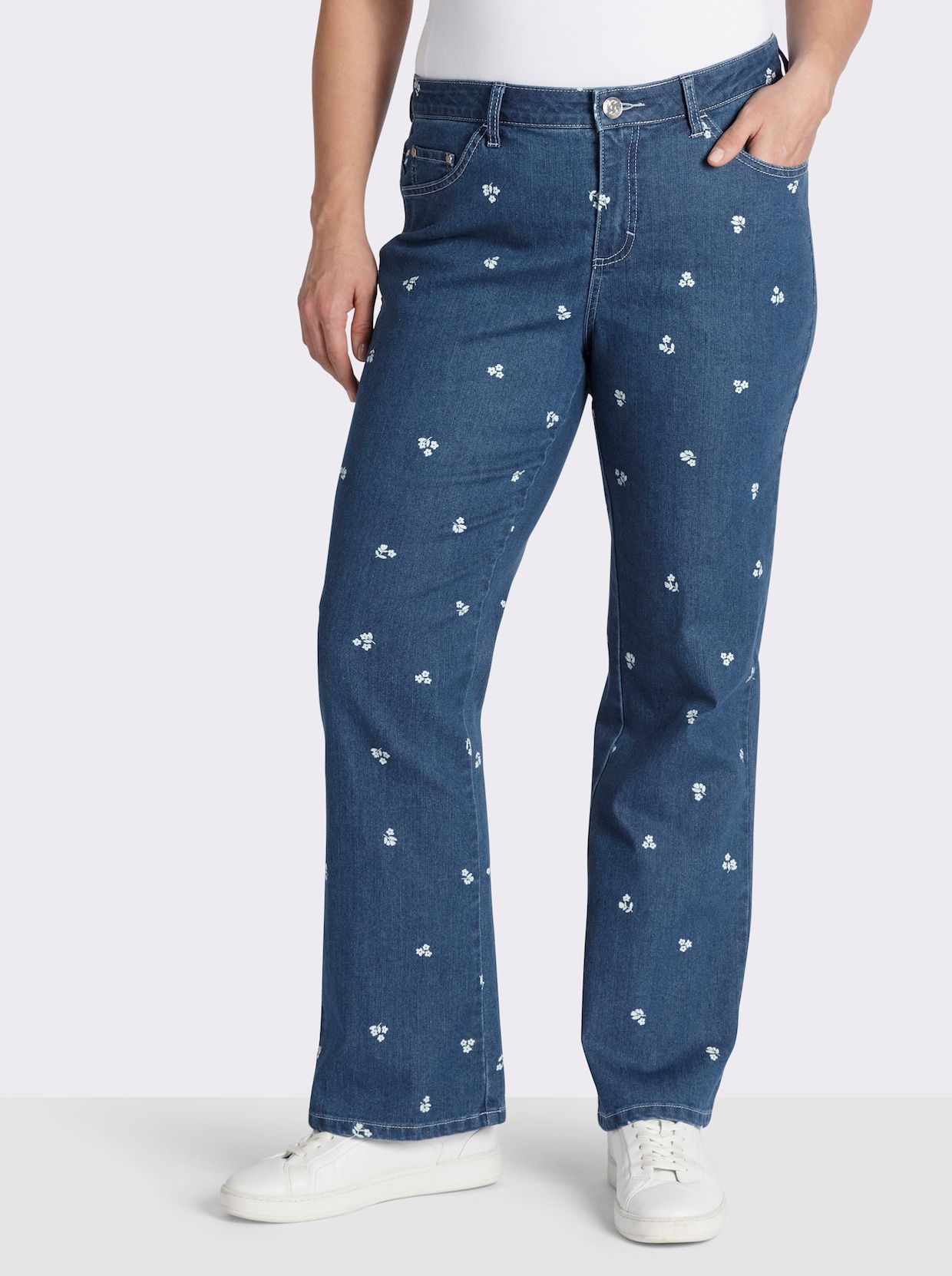 sheego Jean bootcut avec imprimé floral - bleu blanchi