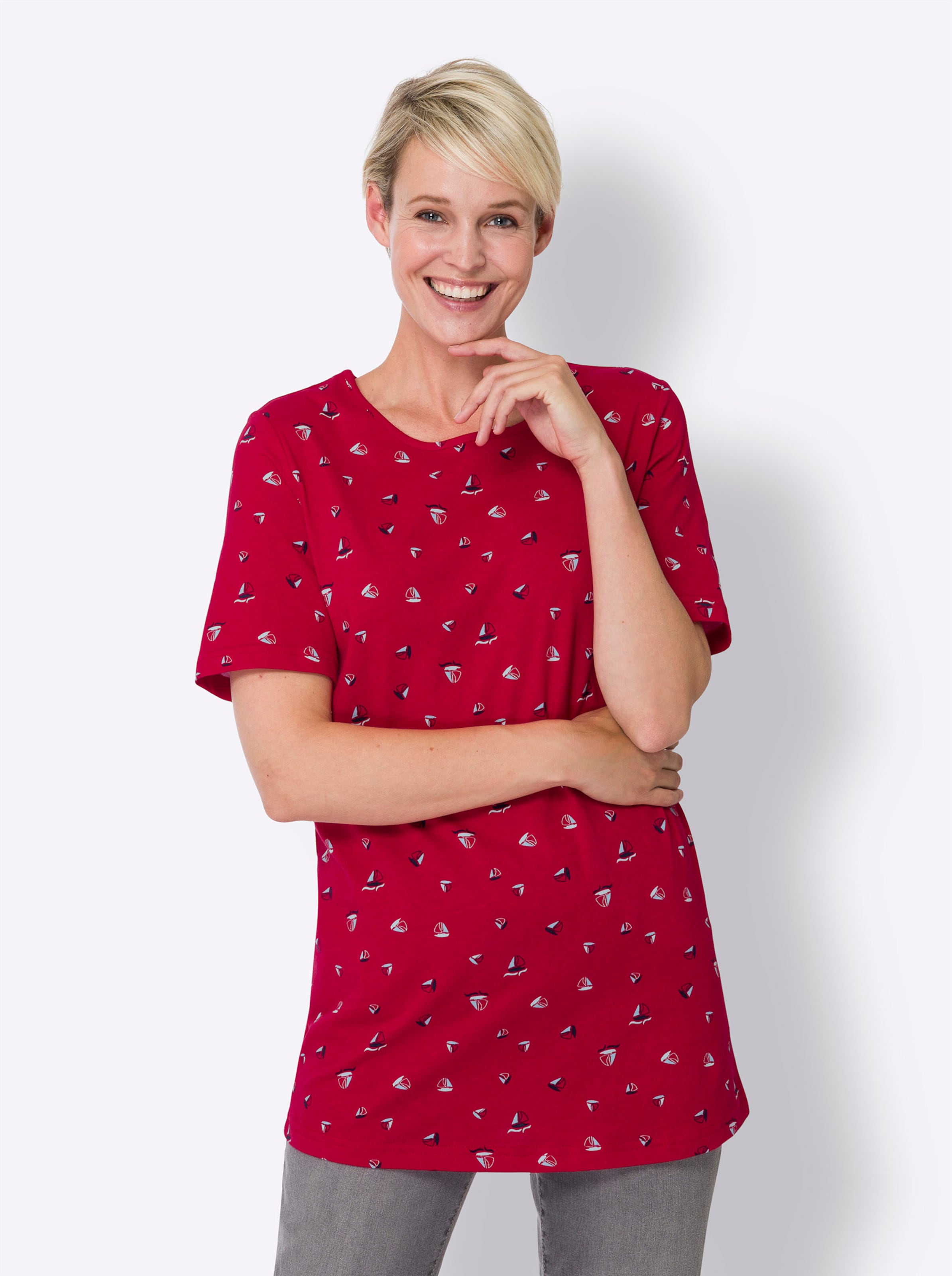Witt Damen Longshirt, rot-nachtblau-bedruckt