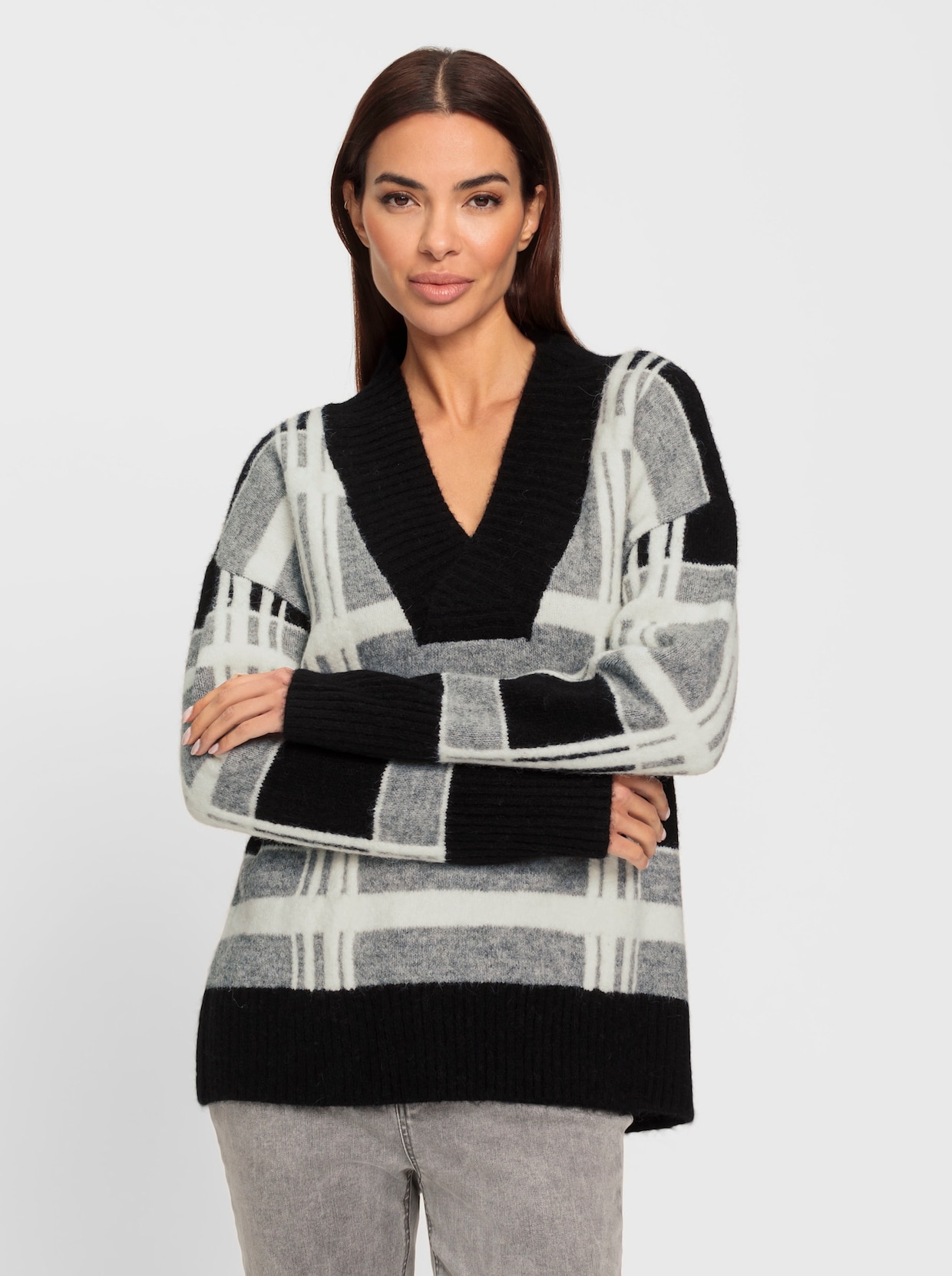 heine Pullover met V-hals - zwart/ecru gedessineerd