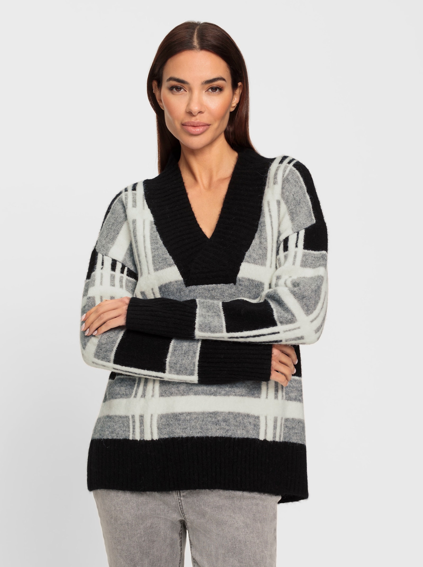 heine V-Ausschnitt-Pullover kontrastfarbigem V-Ausschnitt - schwarz-ecru-gemustert