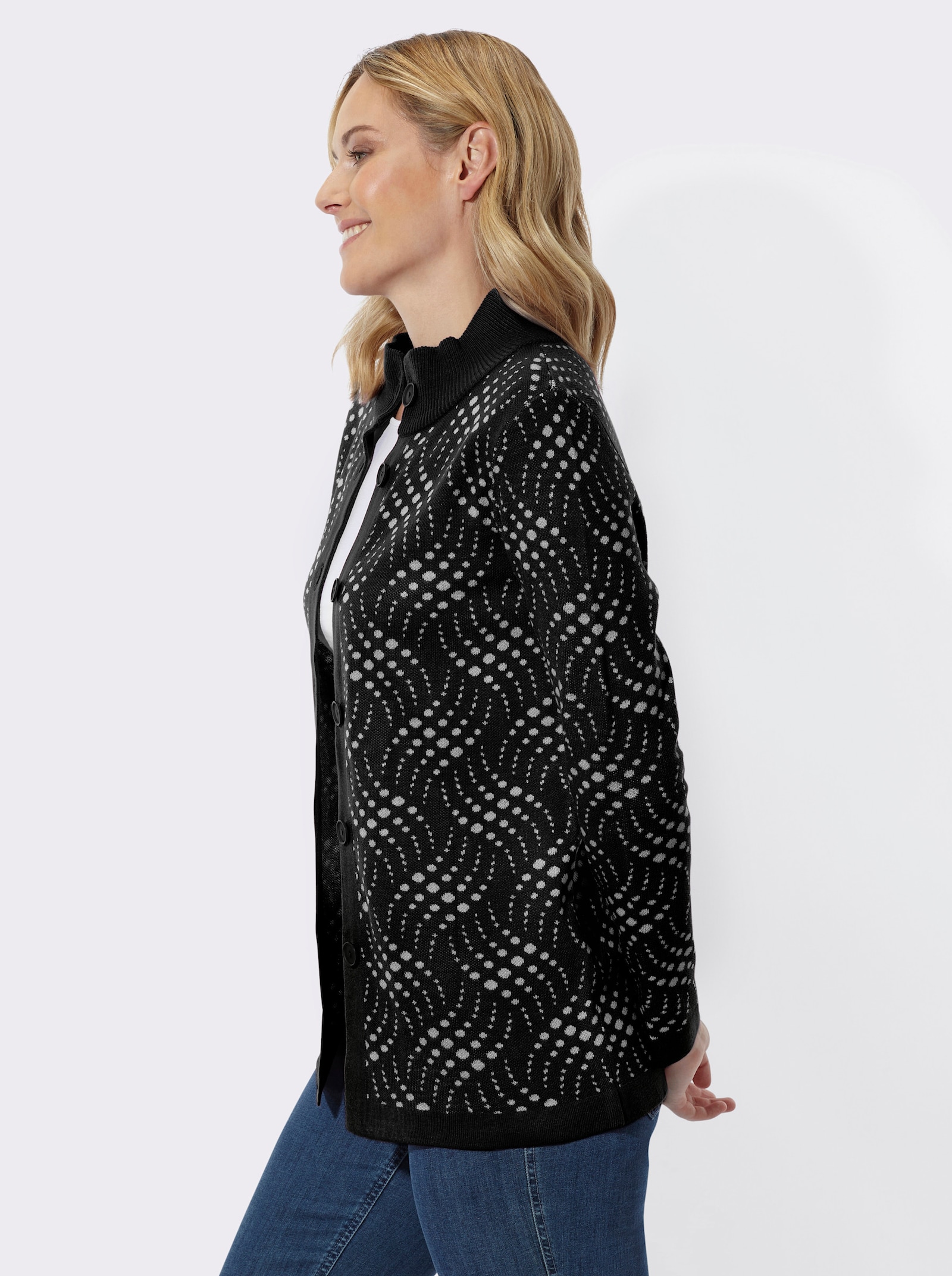 Jacquardstrickjacke mit zweifarbigem Muster - schwarz-ecru-gemustert