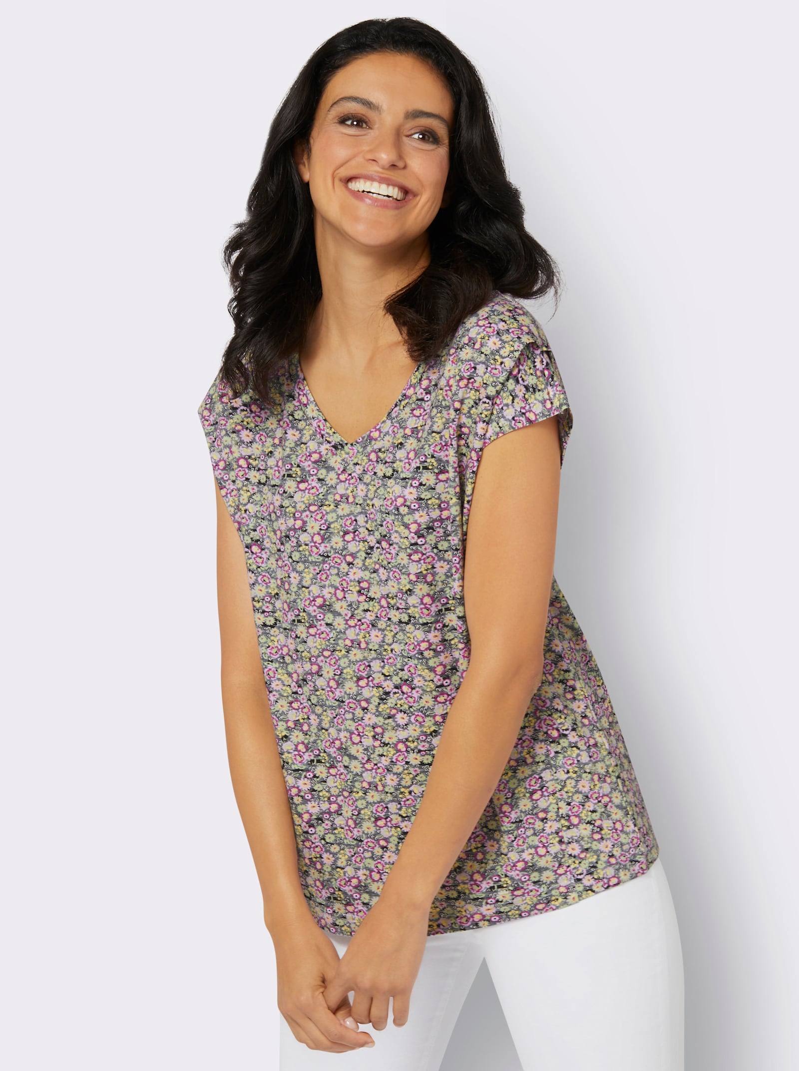 T-shirt à manches courtes avec encolure en V - anthracite imprimé