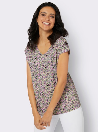 Kurzarmshirt mit V-Ausschnitt - anthrazit-bedruckt