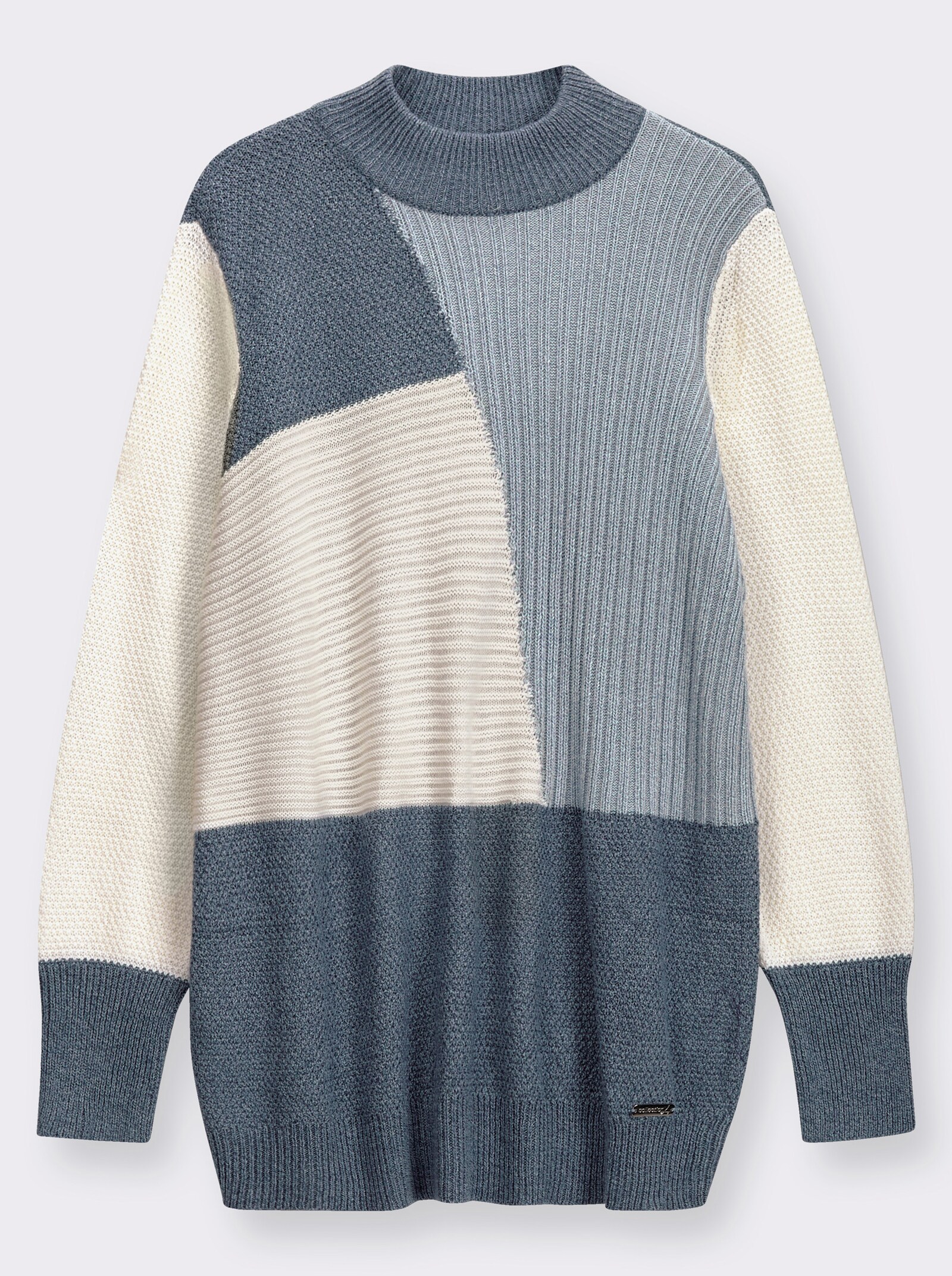 Langarm-Pullover mit Color-Blocking-Muster - rauchblau-ecru-meliert