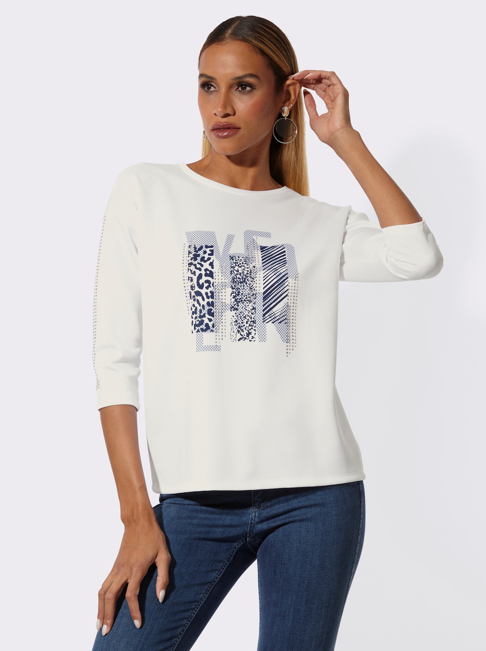 Sweatshirt mit Ziersteinchen - ecru-marine-bedruckt