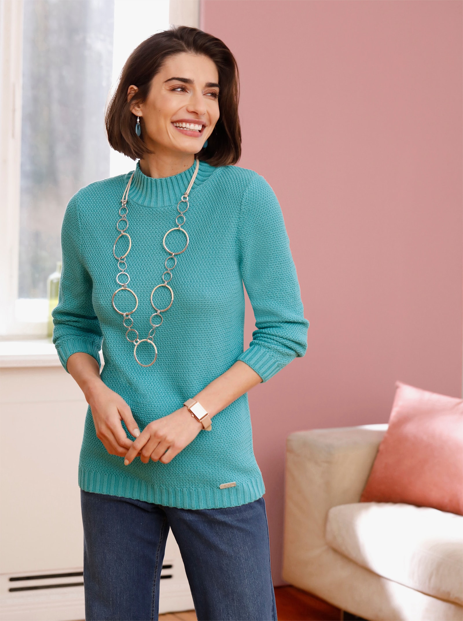 Langarm-Pullover im Perlfangmuster - ozean