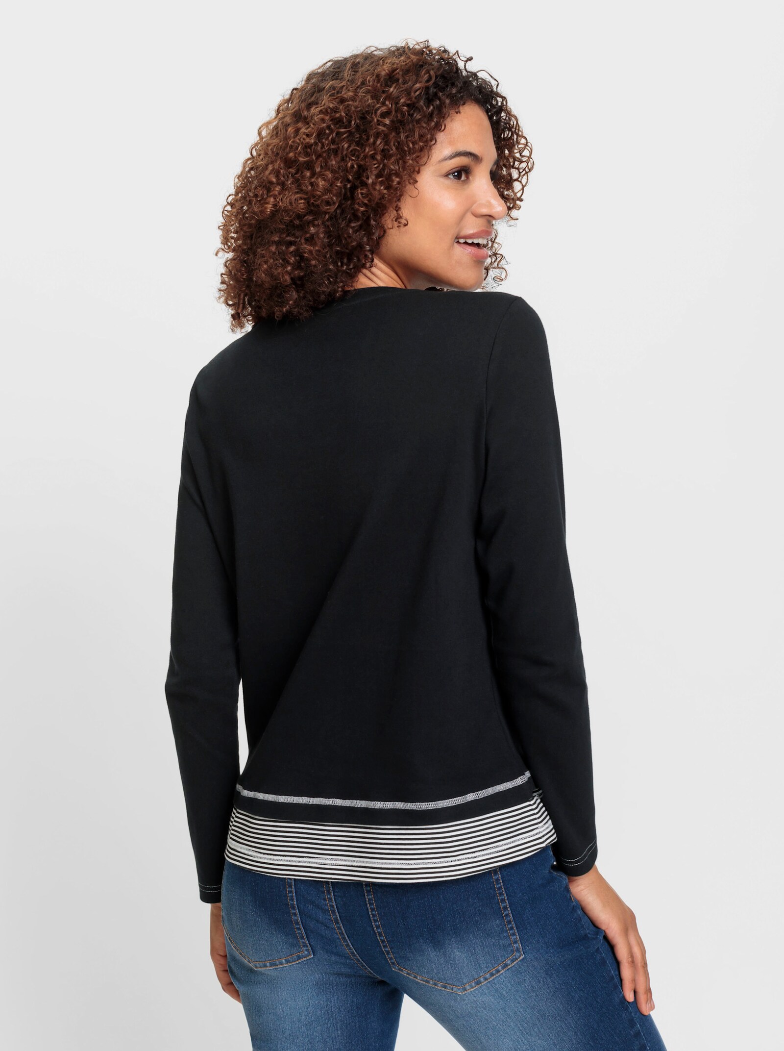 Rundhalsshirt mit gestreiften Einsätzen - schwarz-ecru-geringelt