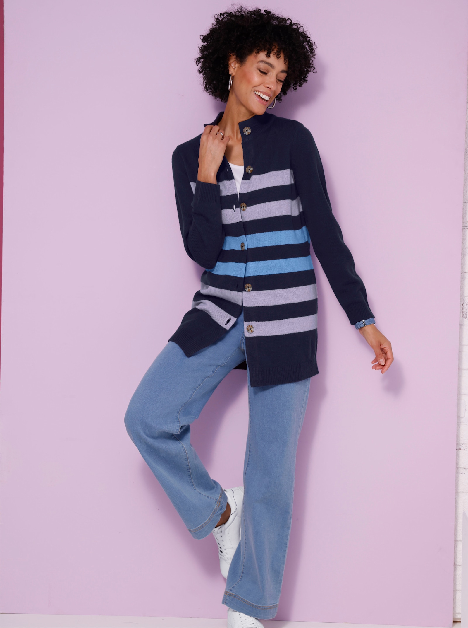 Longstrickjacke - marine-lavendel