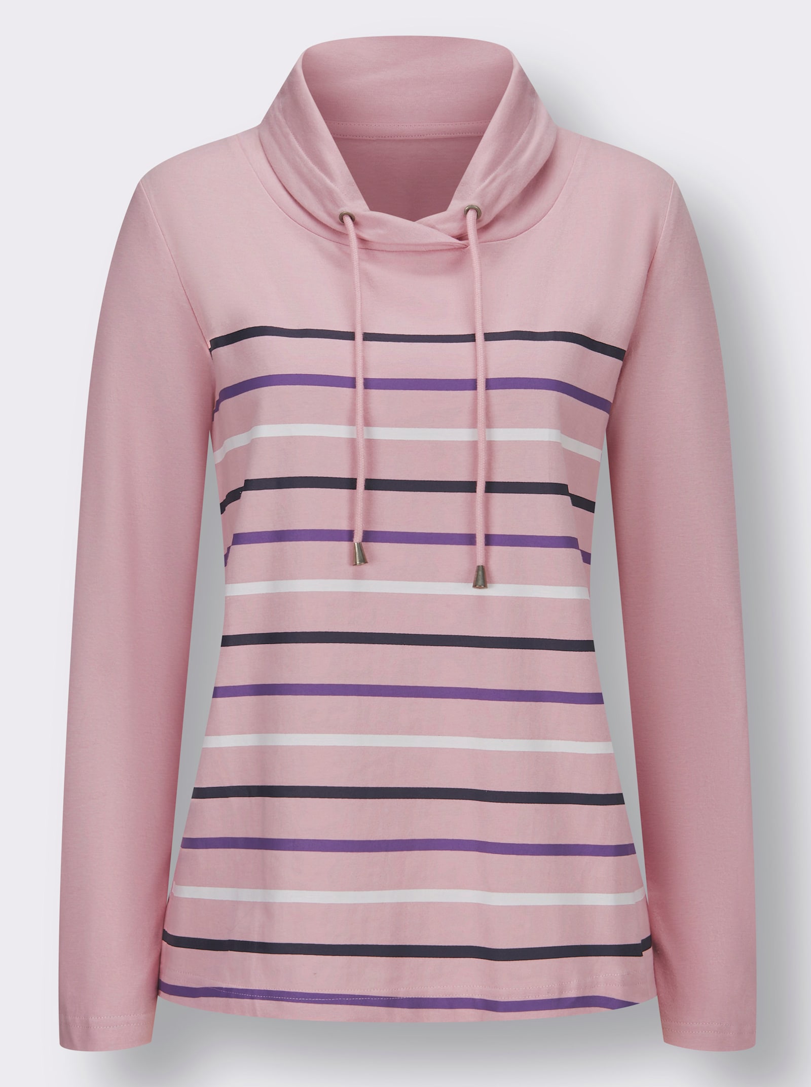 Stehkragenshirt mit Tunnelzug - rosé-geringelt