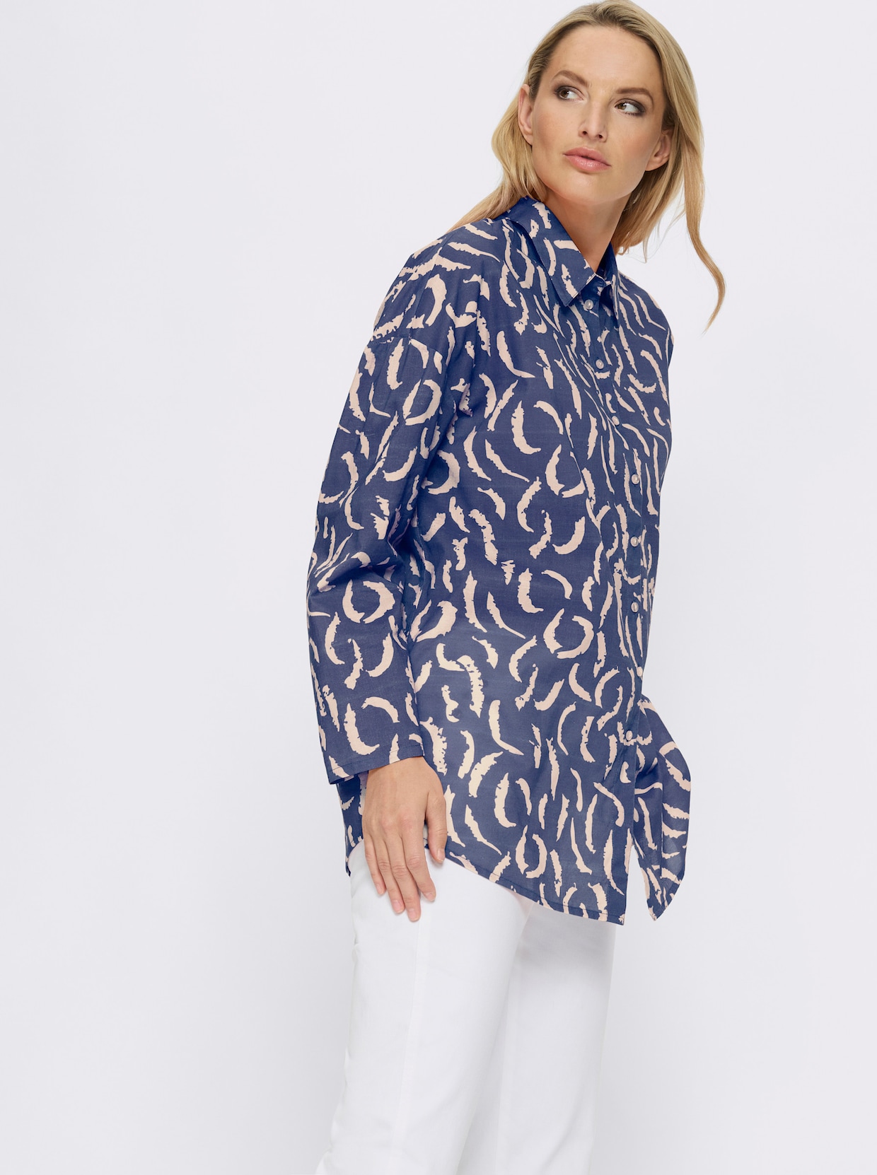 heine Druckbluse - rauchblau-sand-bedruckt