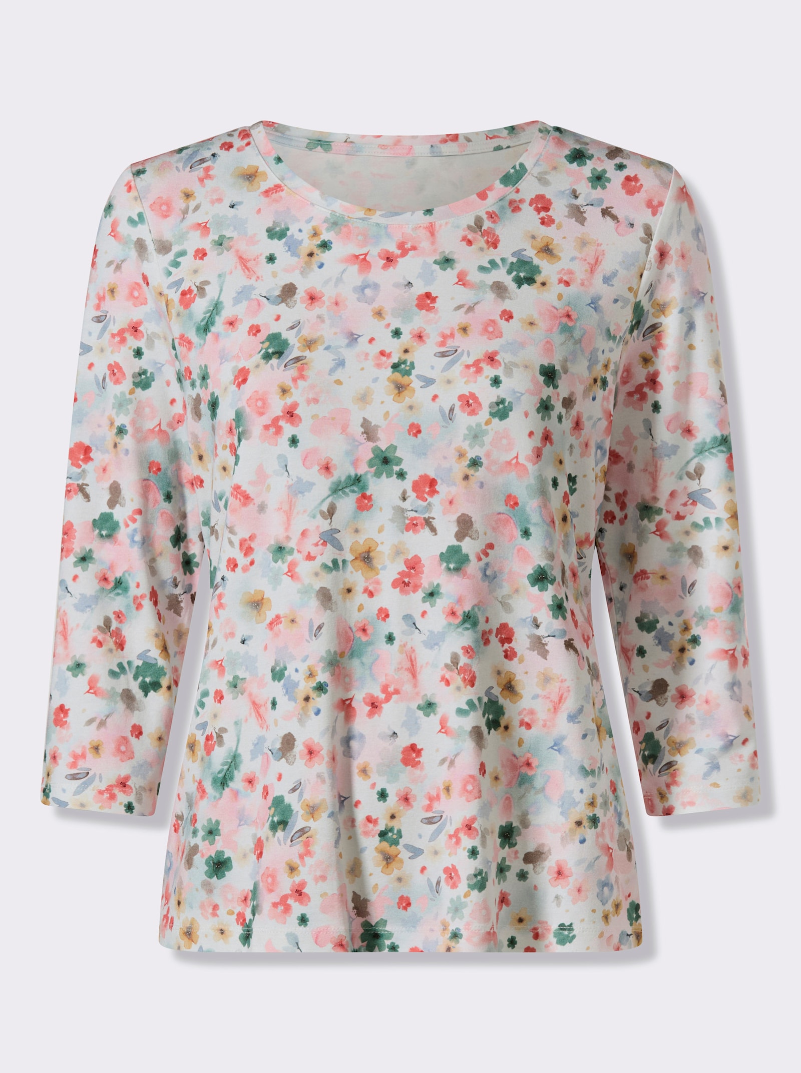 Tričko, 3/4 rukávy, kvetový vzor - Svetlobéžovo-plameniaková potlač