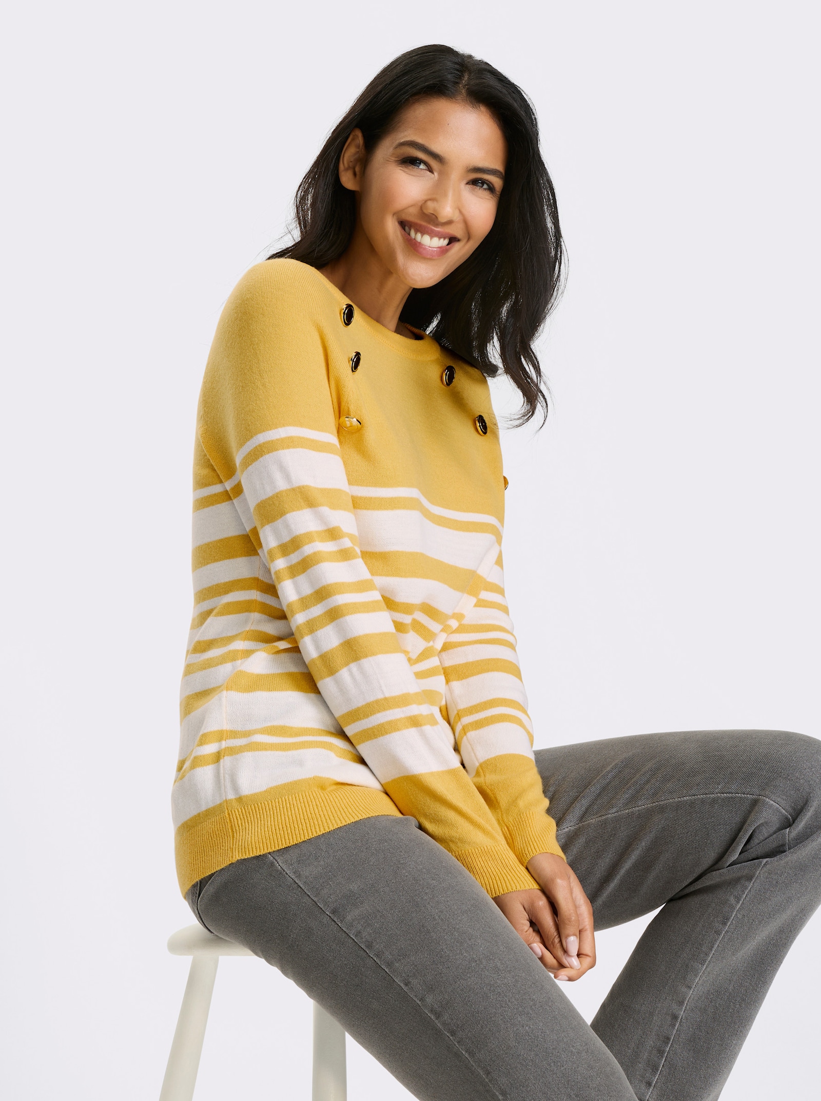 Långärmad tröja med guldfärgade knappar - gul-vit, randig