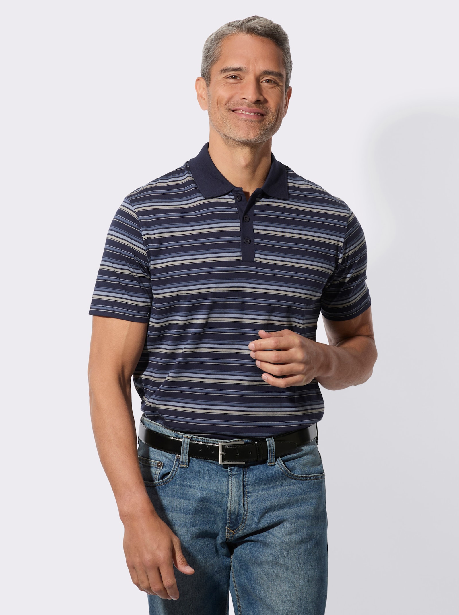 Poloshirt in streepjesdessin - marine/steengrijs gestreept