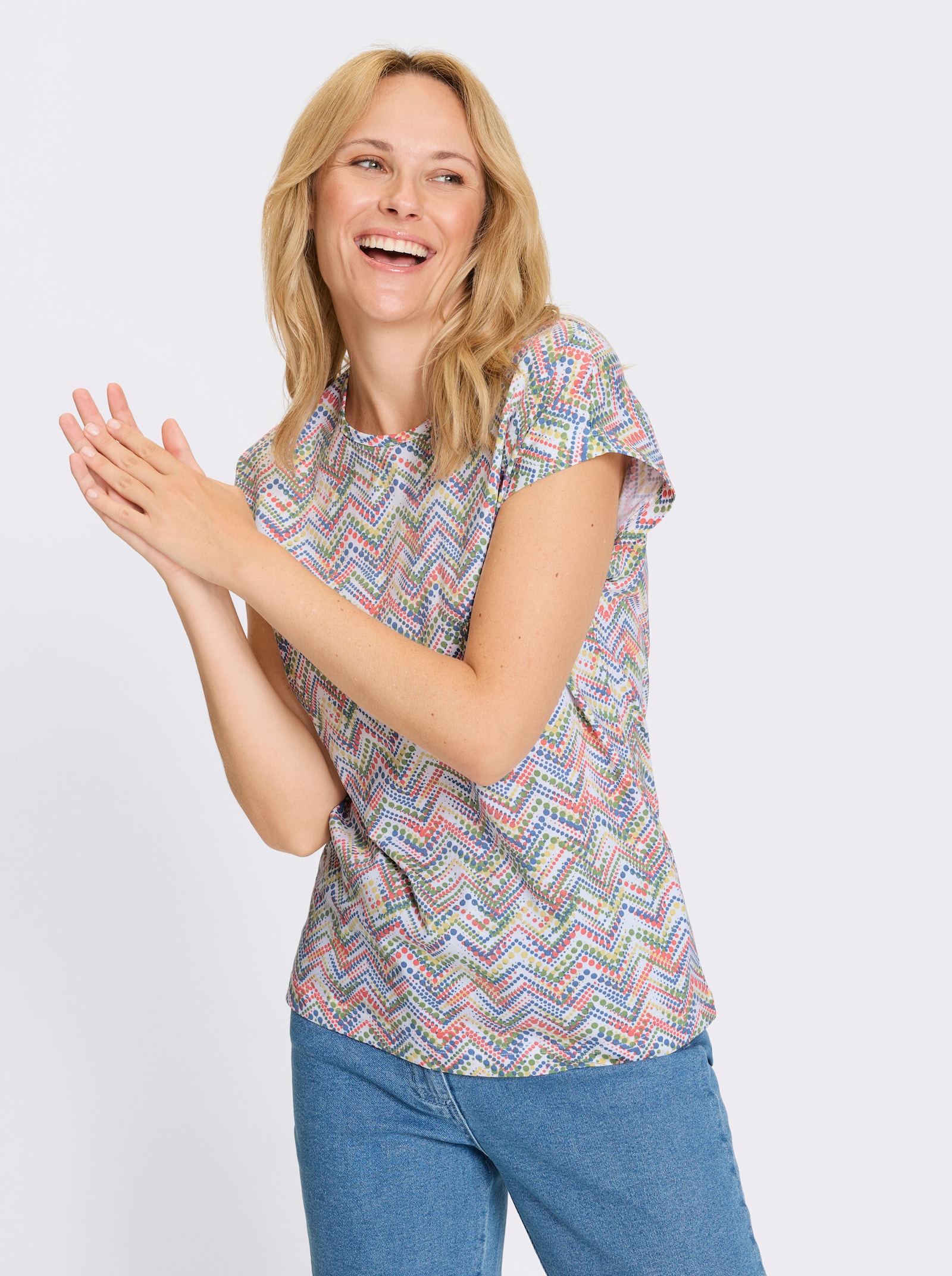 Shirt met print en zigzagpatroon rondom - eucalyptus/koraal bedrukt