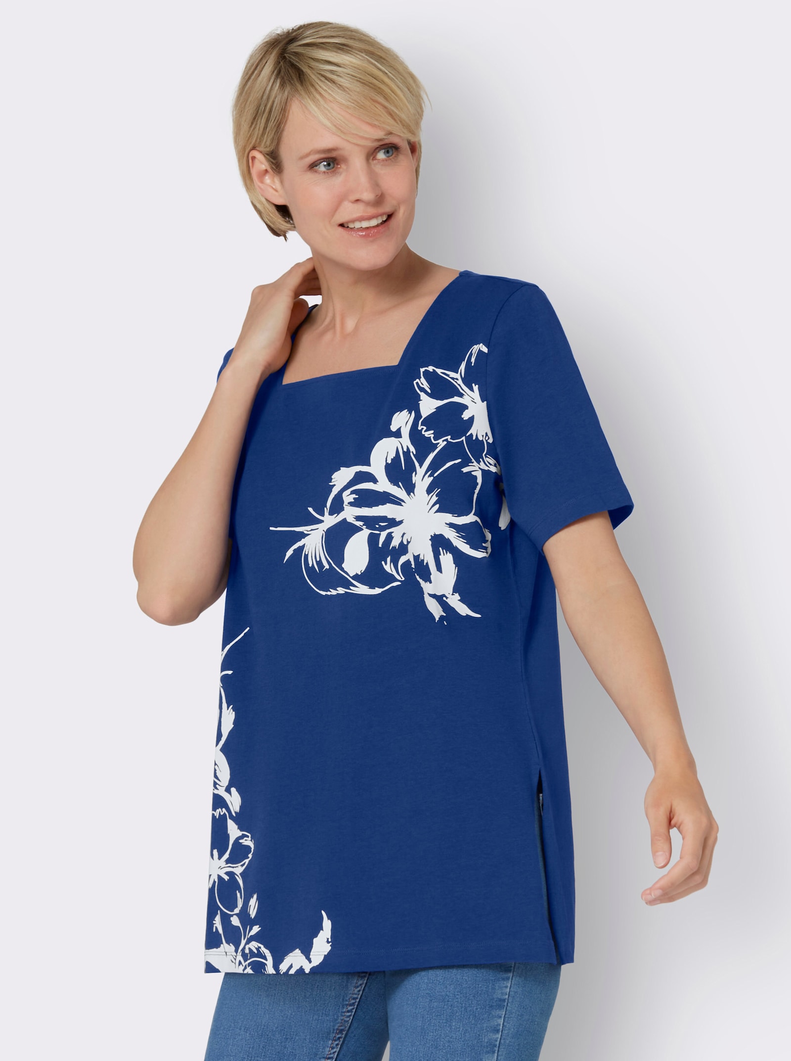 Longshirt mit Karree-Ausschnitt, floral - royalblau-weiß