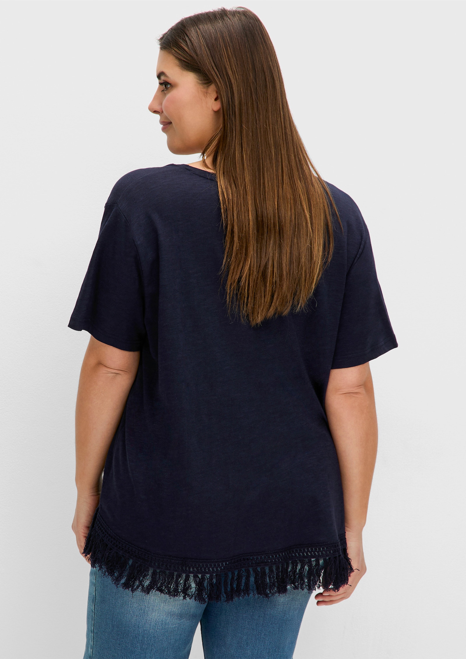 sheego Oversize-Shirt mit Fransen - tiefblau