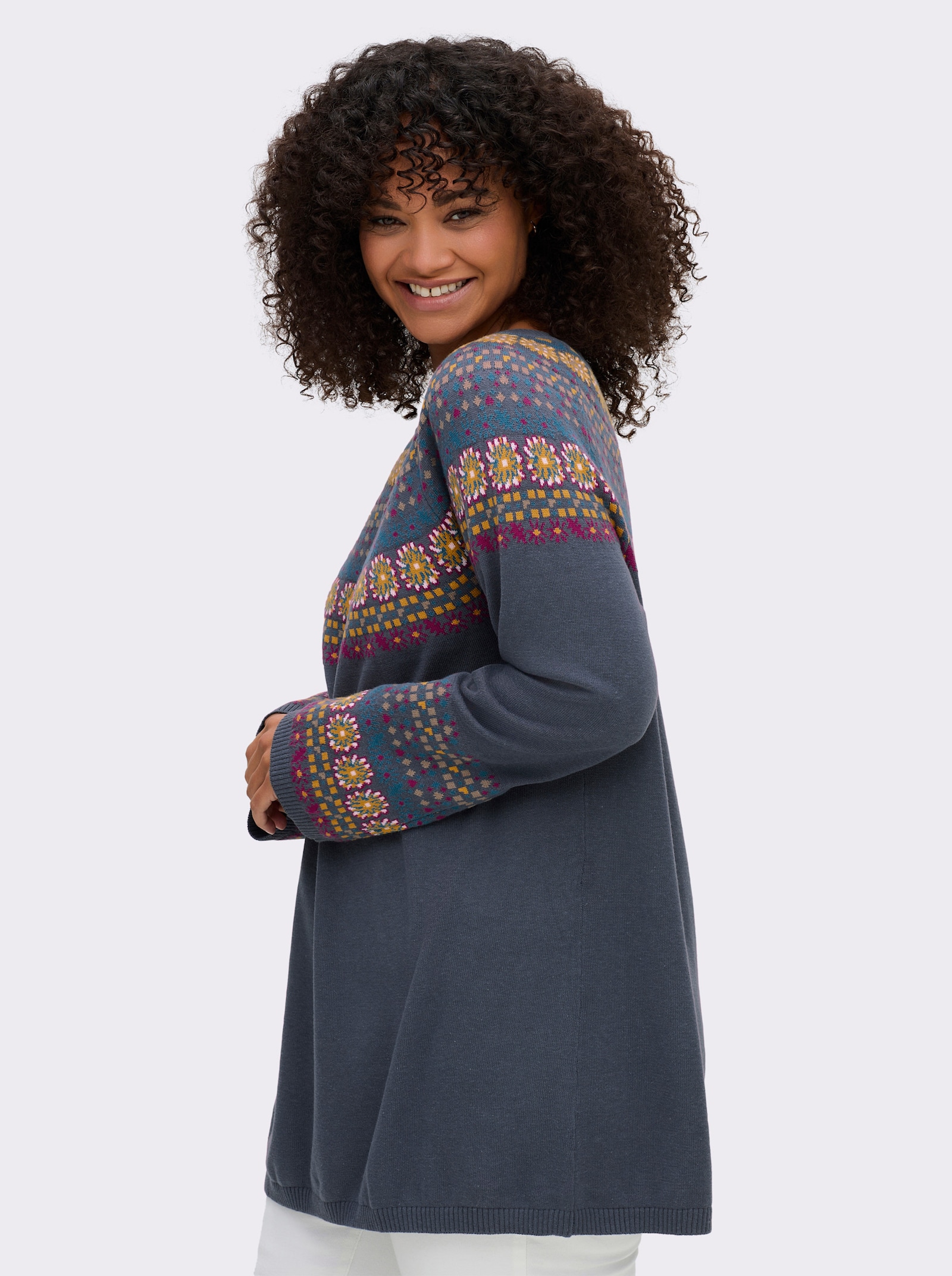 sheego Pullover met Noors jacquardpatroon - rookblauw