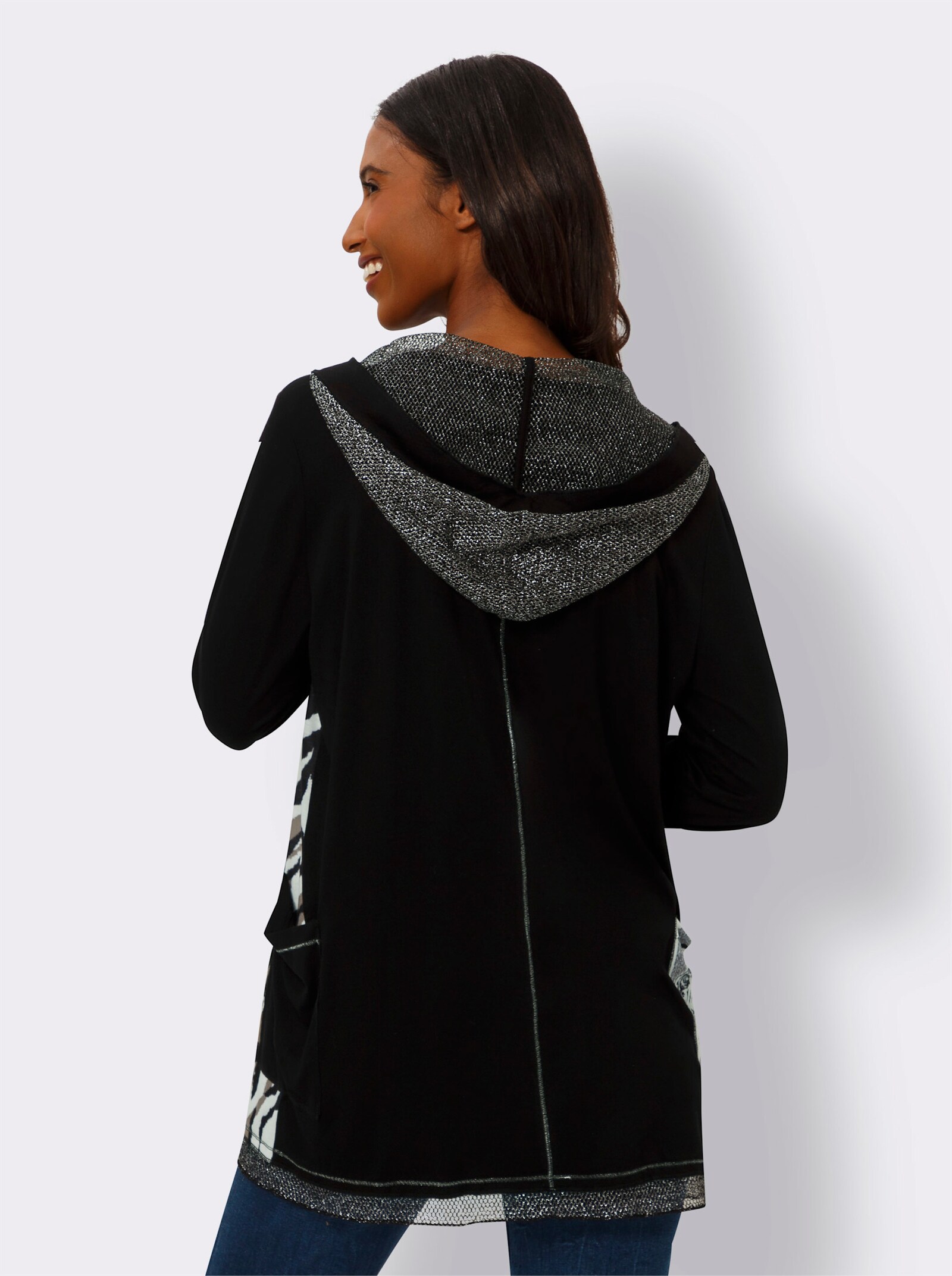 heine Shirtjacke mit Glitzersteinchen - weiß-schwarz-bedruckt
