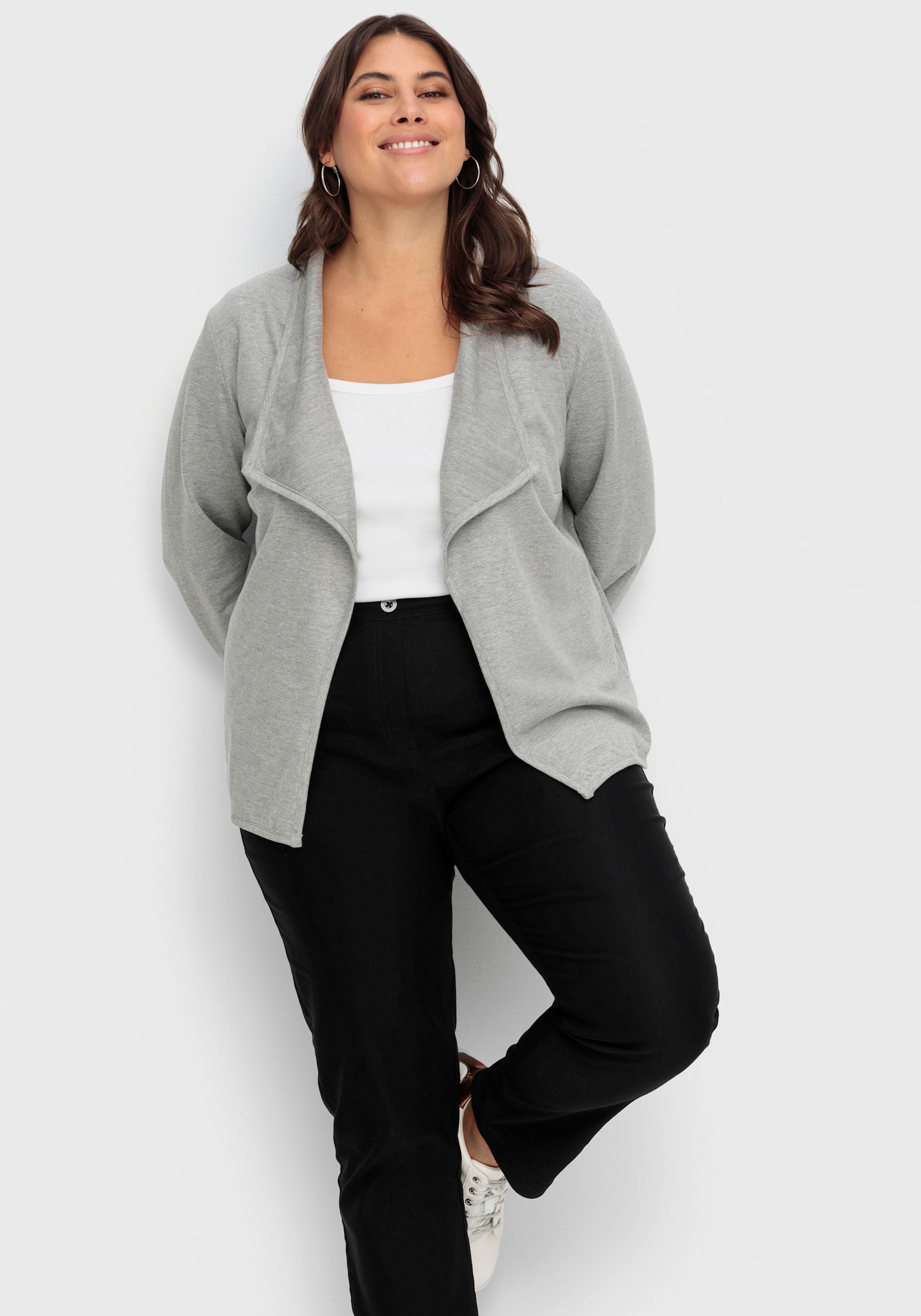 Jerseyblazer mit Umlegekragen, kurz geschnitten - hellgrau-meliert