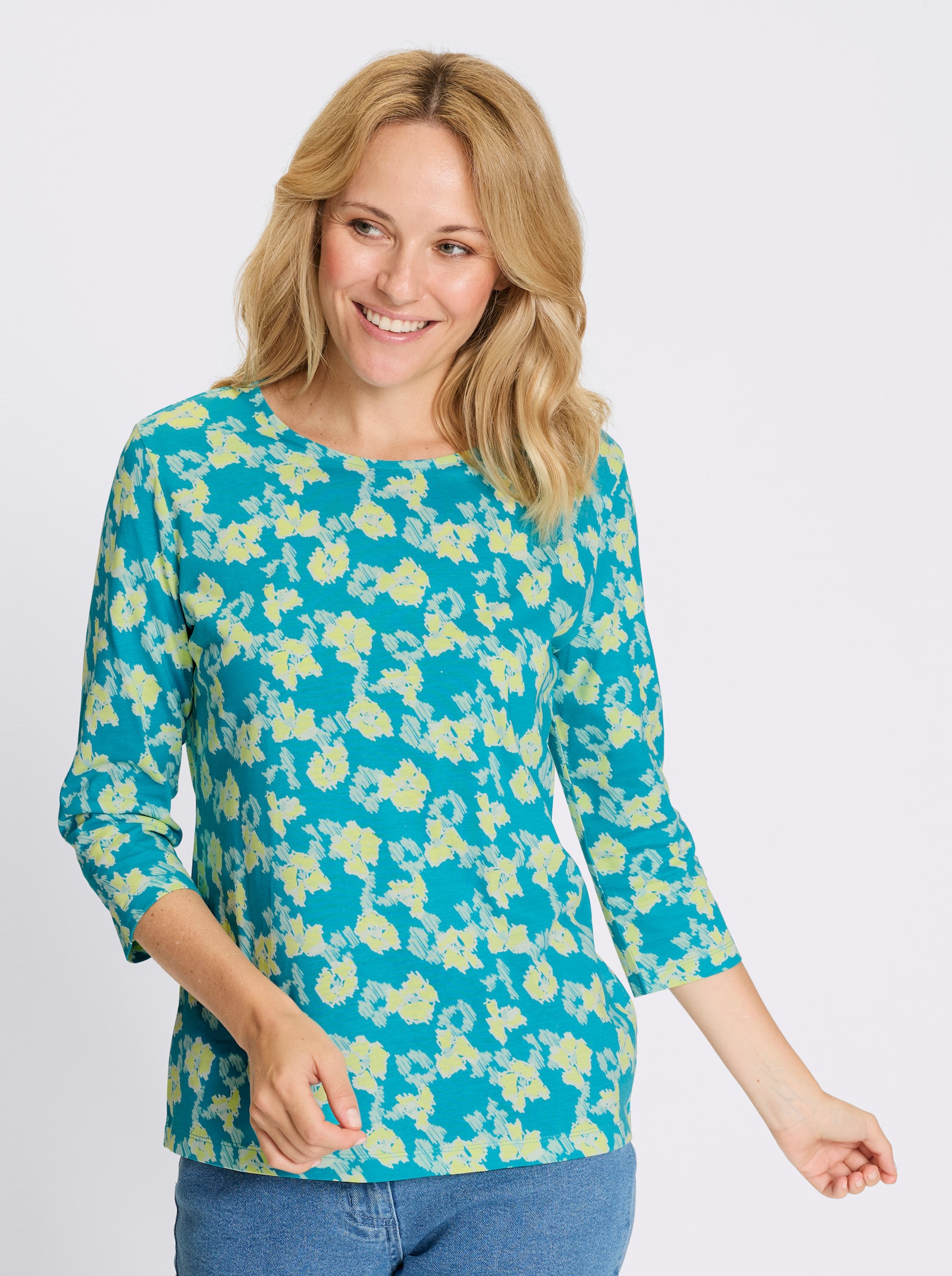 3/4-Arm-Shirt allover bedruckt, Baumwolle - türkis-pistazie-bedruckt