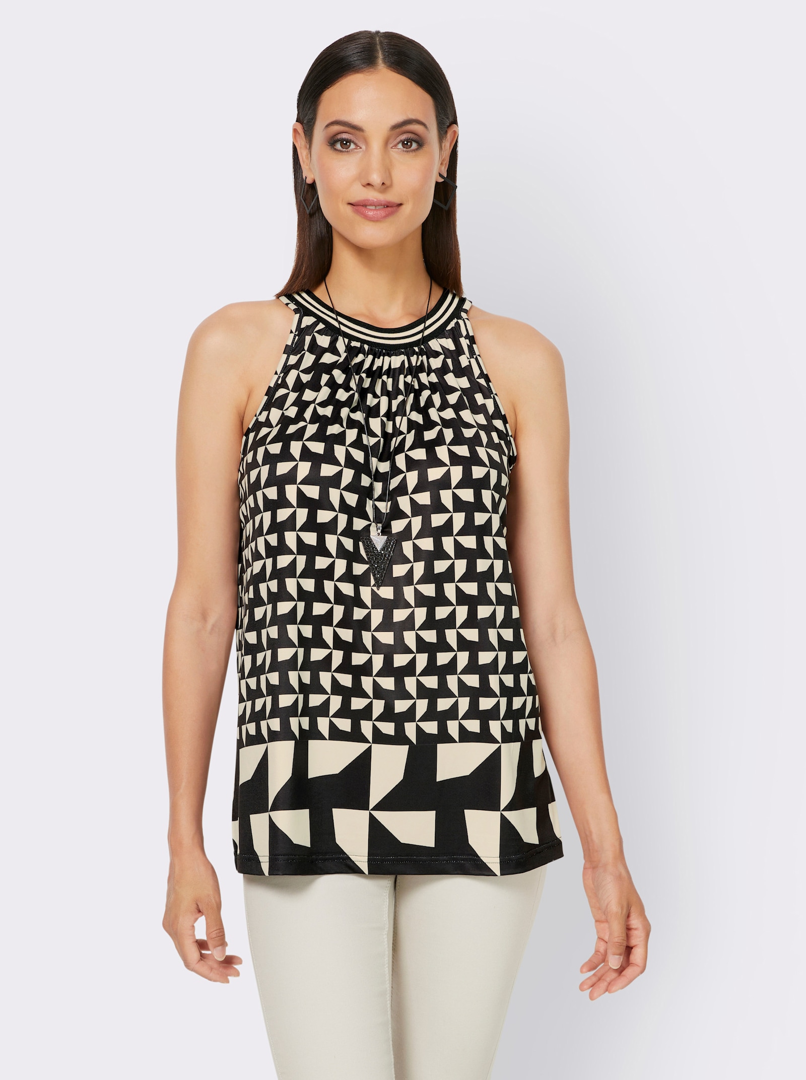 heine Shirttop mit breiten Trägern - sand-schwarz-bedruckt