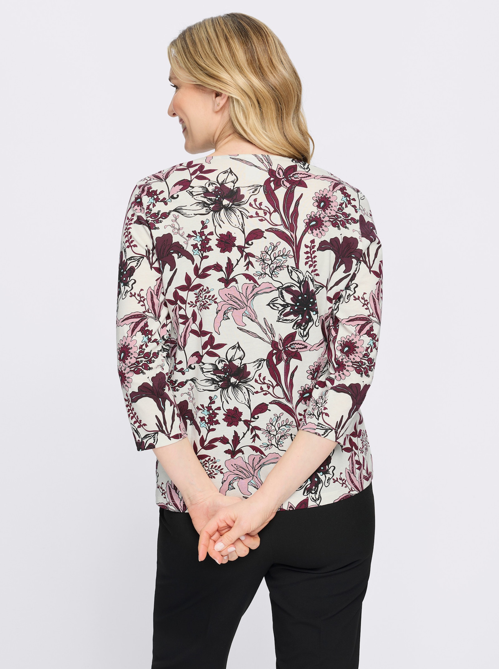 Rundhalsshirt mit floralem Muster - ecru-burgund-bedruckt