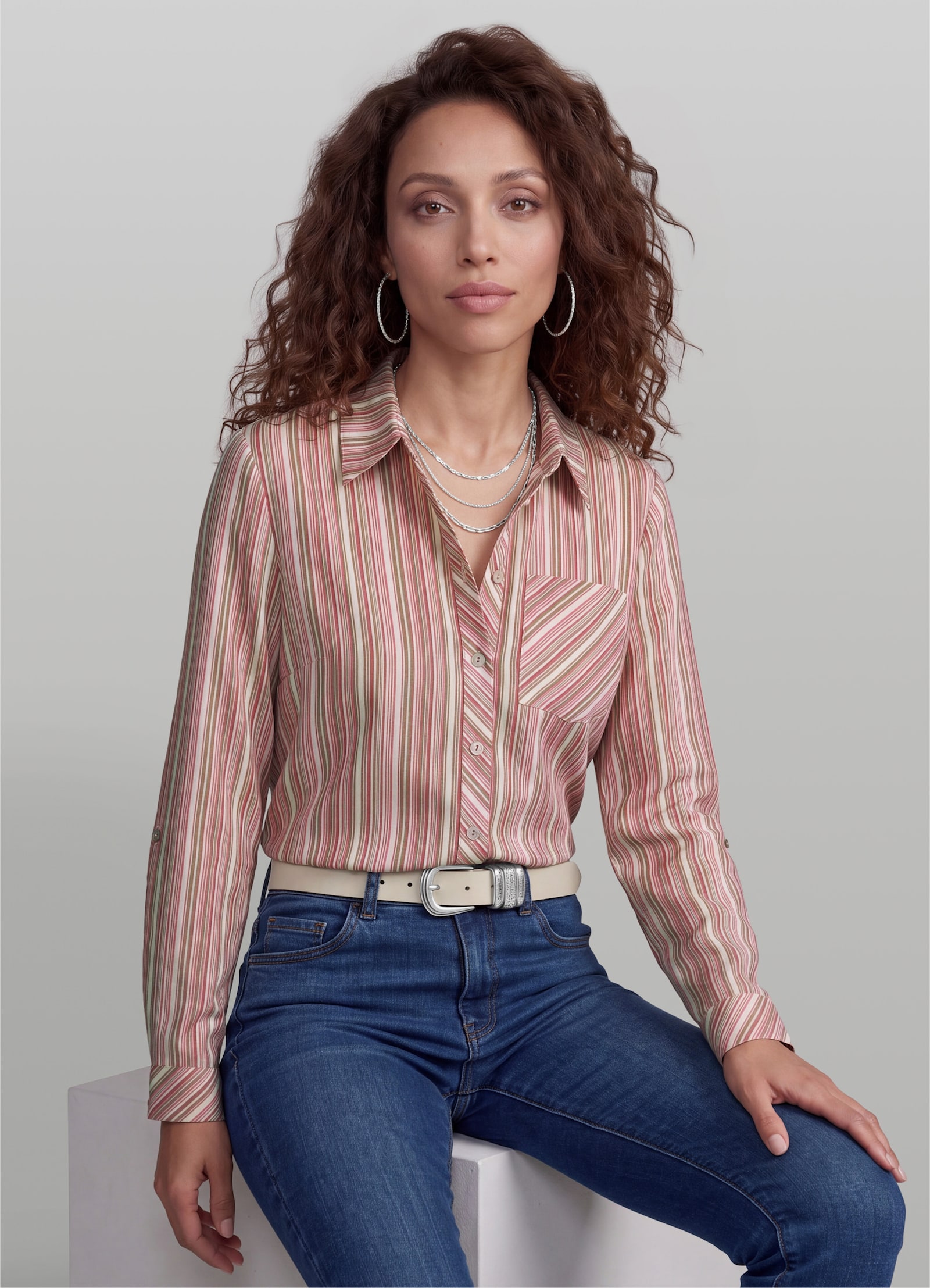 heine Gestreifte Bluse mit Brusttasche - flamingo-champagner-gestreift