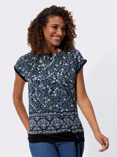 Kurzarmshirt mit Bindeband am Saum - jeansblau-schwarz-bedruckt