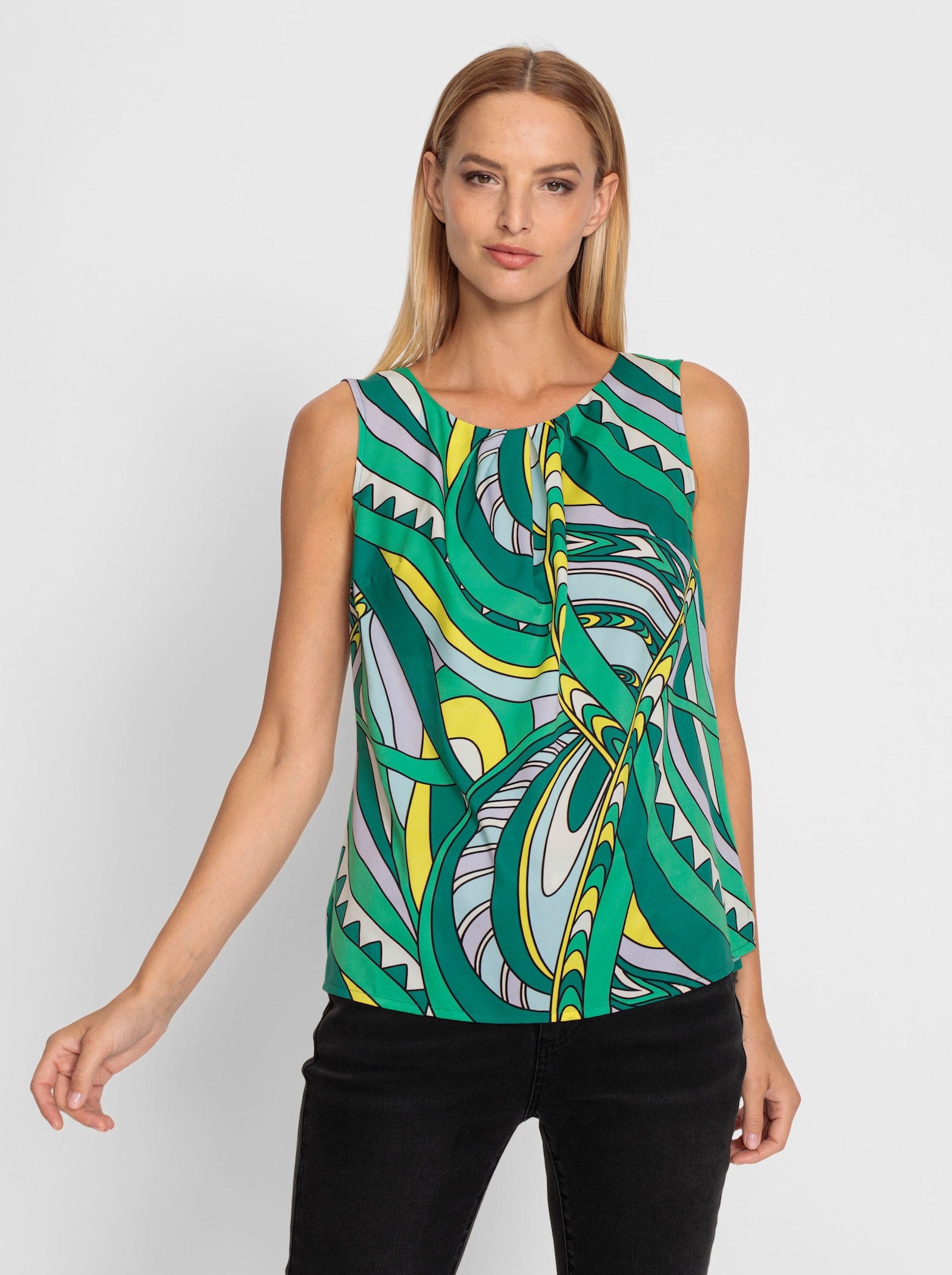 heine Blousetop met plooien bij de hals - grasgroen/champagne bedrukt