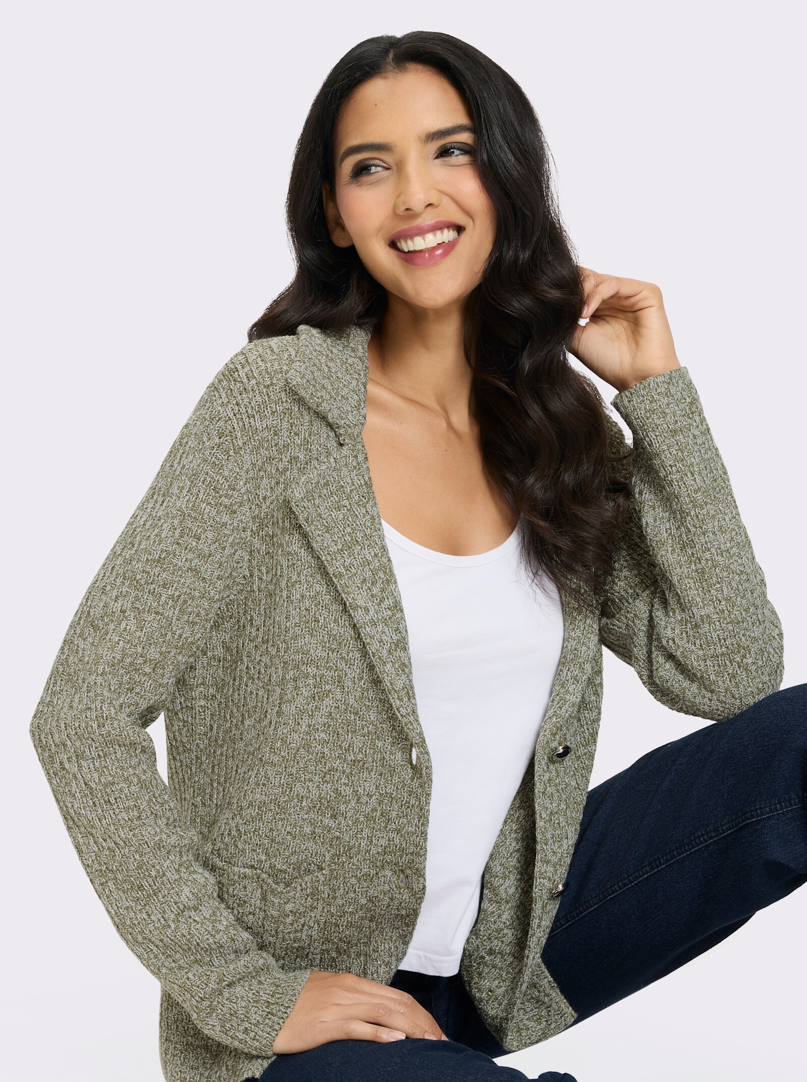 Strickjacke mit Glanzgarn - khaki-meliert