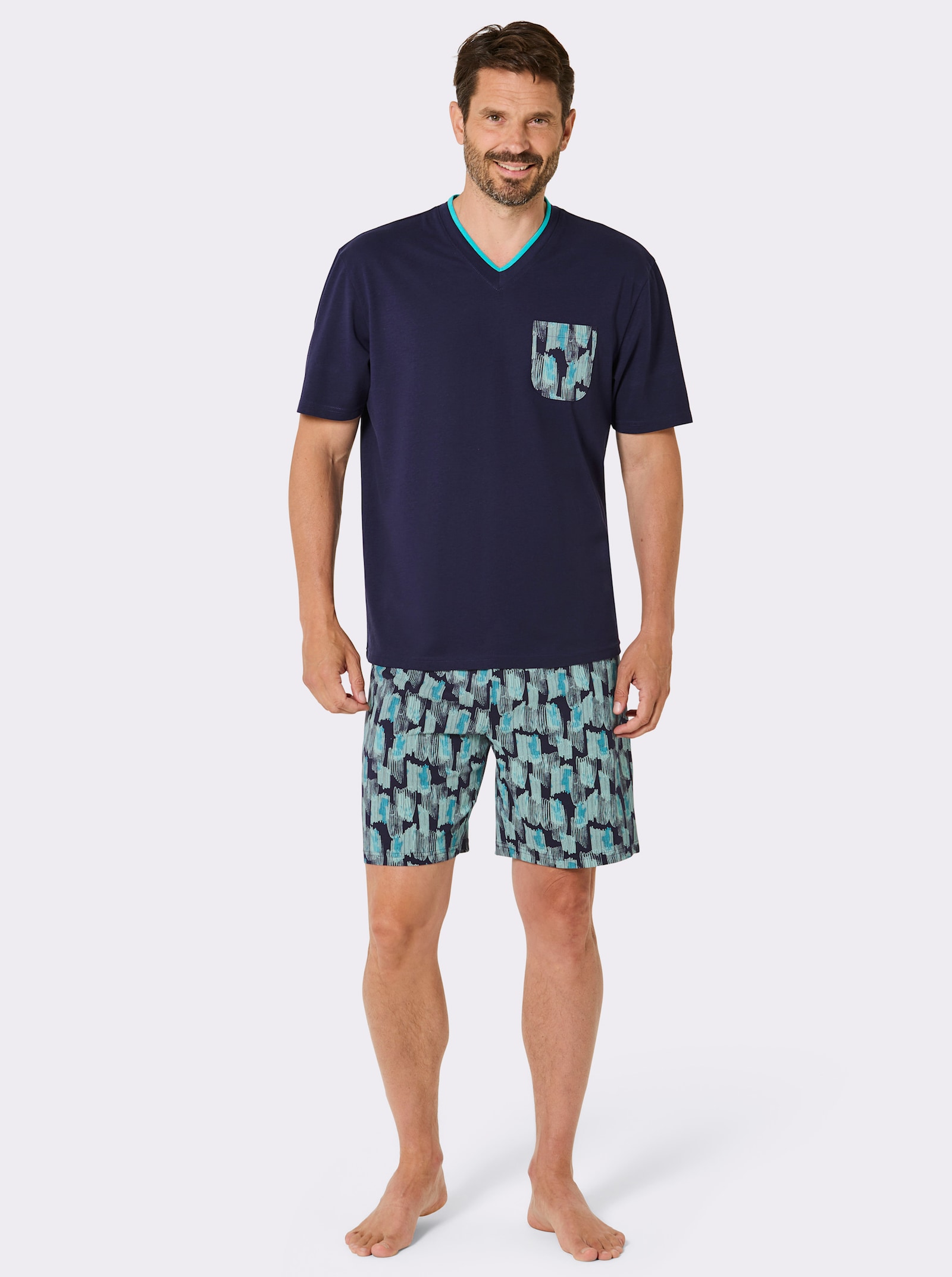 wäschepur men Shorty mit gemusterter Hose - marine-türkis-bedruckt