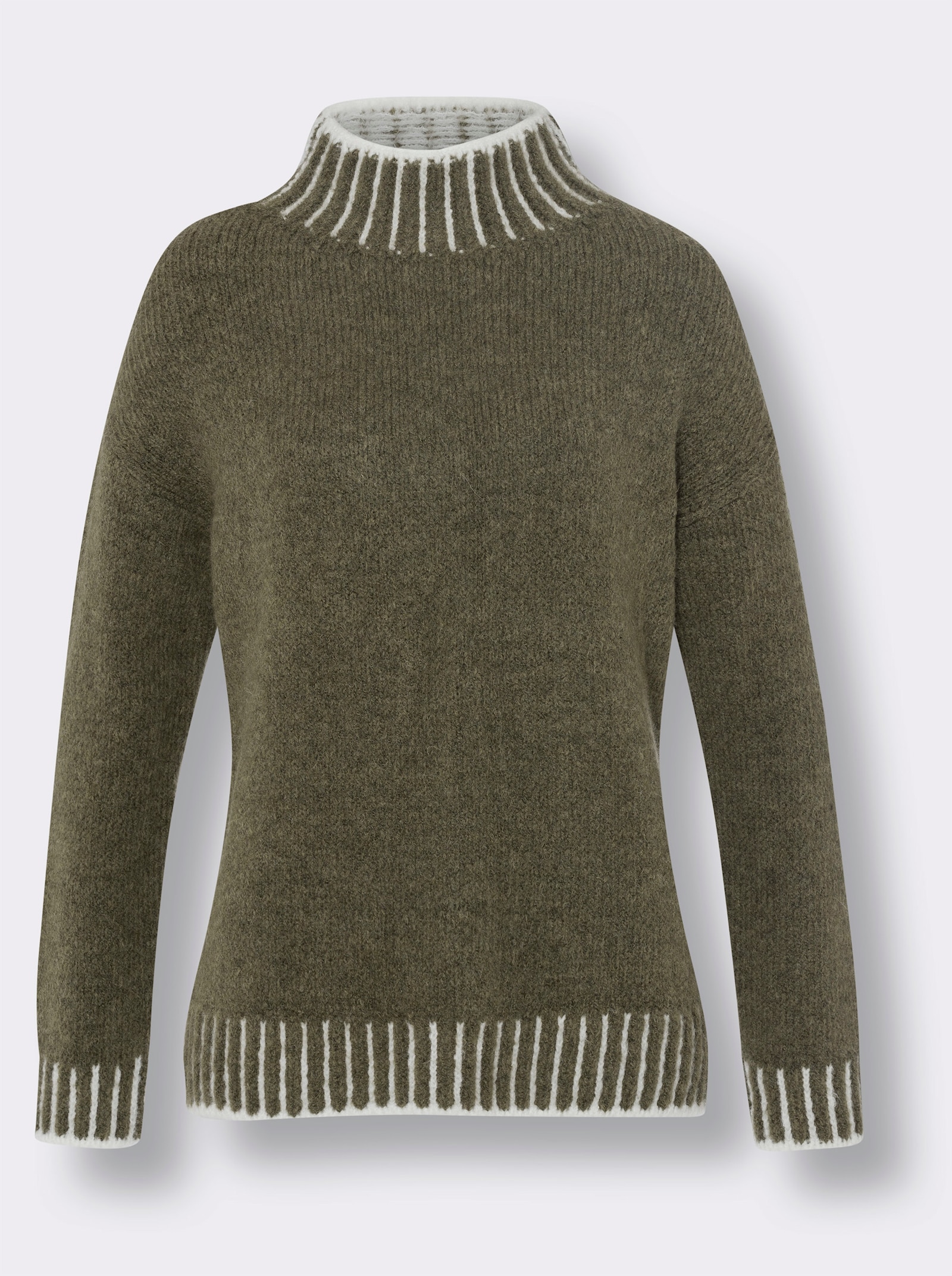 heine Stehkragenpullover mit Kontraststreifen - khaki-ecru-meliert