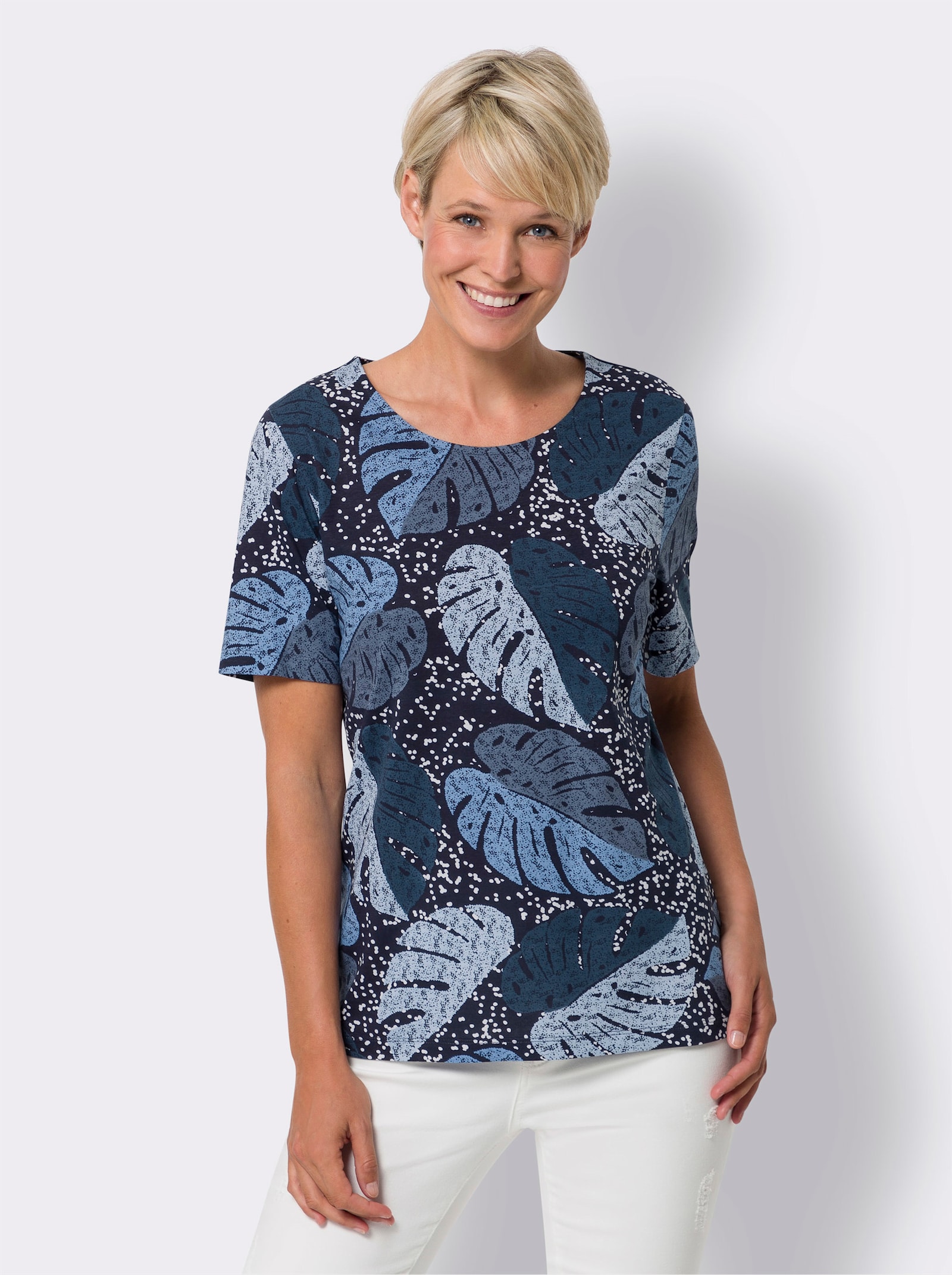 Kurzarmshirt mit Blätterdruck - dunkelblau-weiß-bedruckt