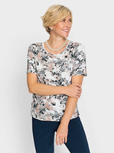 Kurzarmshirt mit Blumen-Muster - ecru-hortensie-bedruckt