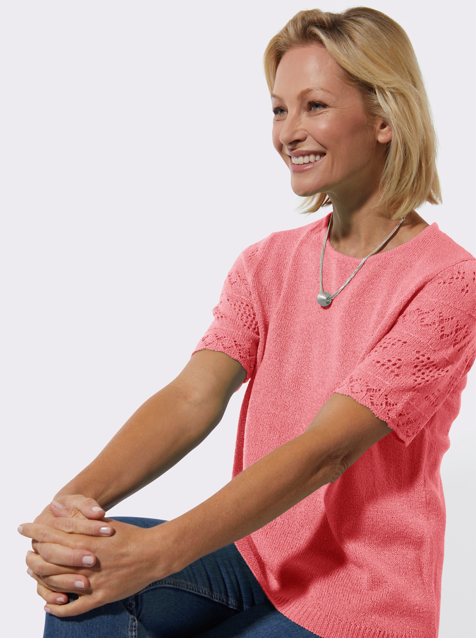 Bouclé-Pullover im Ajourdessin - flamingo