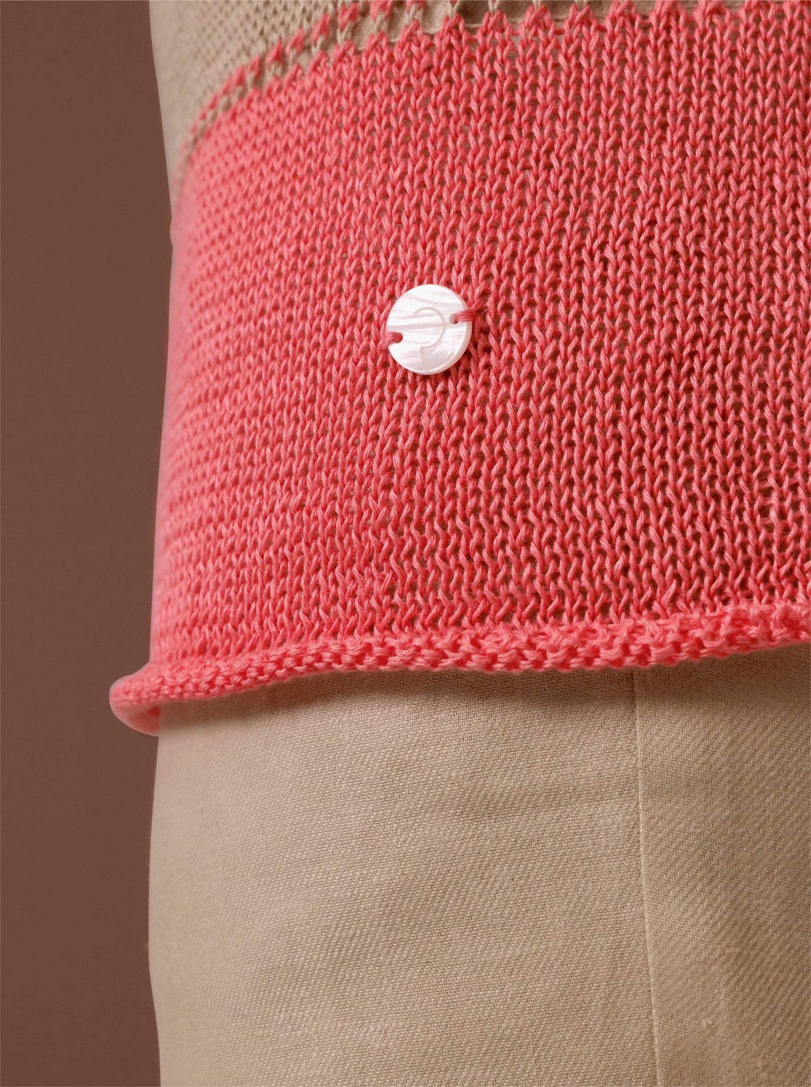 CREATION L PREMIUM Rundhalspullover aus reinem Leinen - beige-grapefruit-geringelt