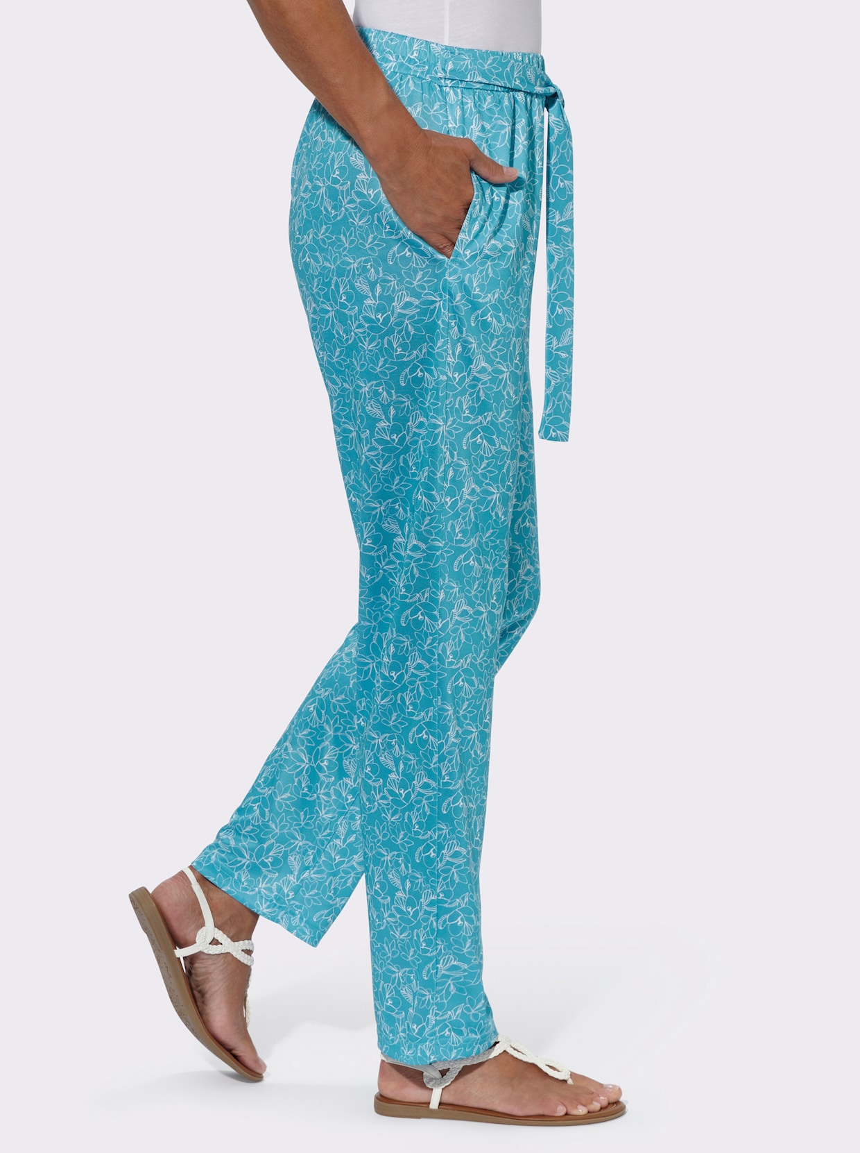 Jersey pantalon - turquoise/ecru bedrukt