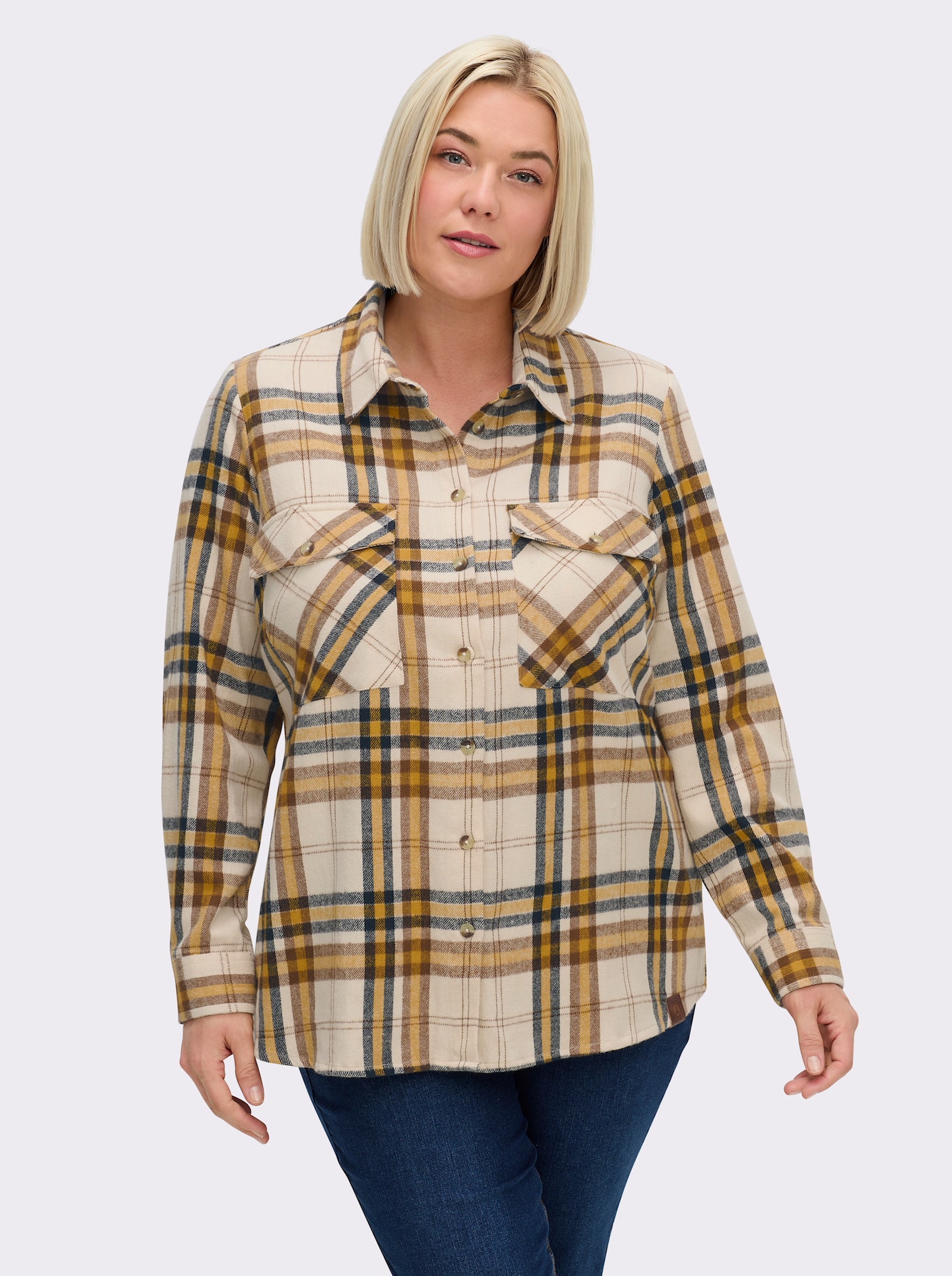 Flanellbluse mit mehrfarbigem Webkaro - ocker-elfenbein-kariert