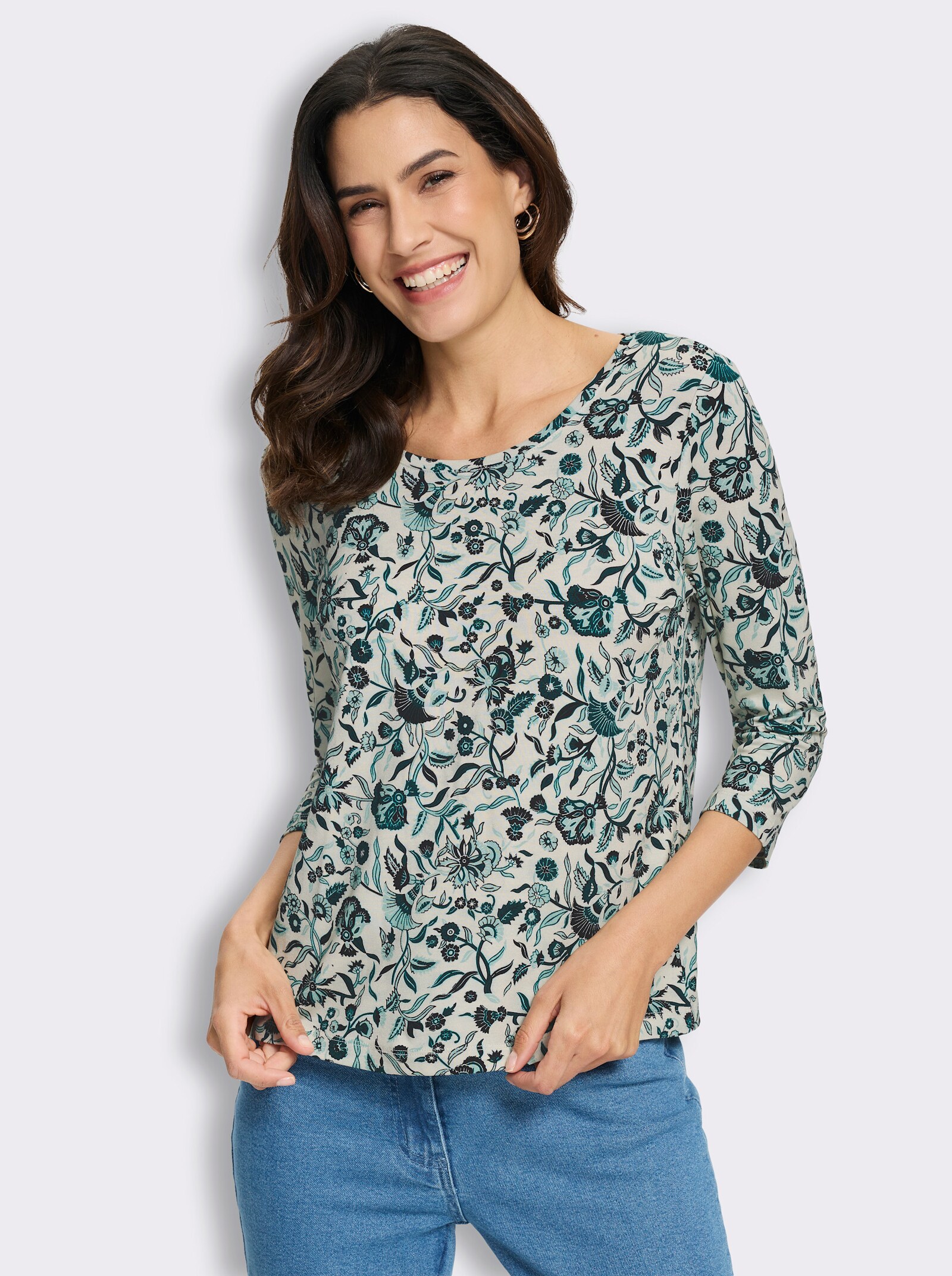 3/4-Arm-Shirt mit floralem Alloverprint - champagner-petrol-bedruckt