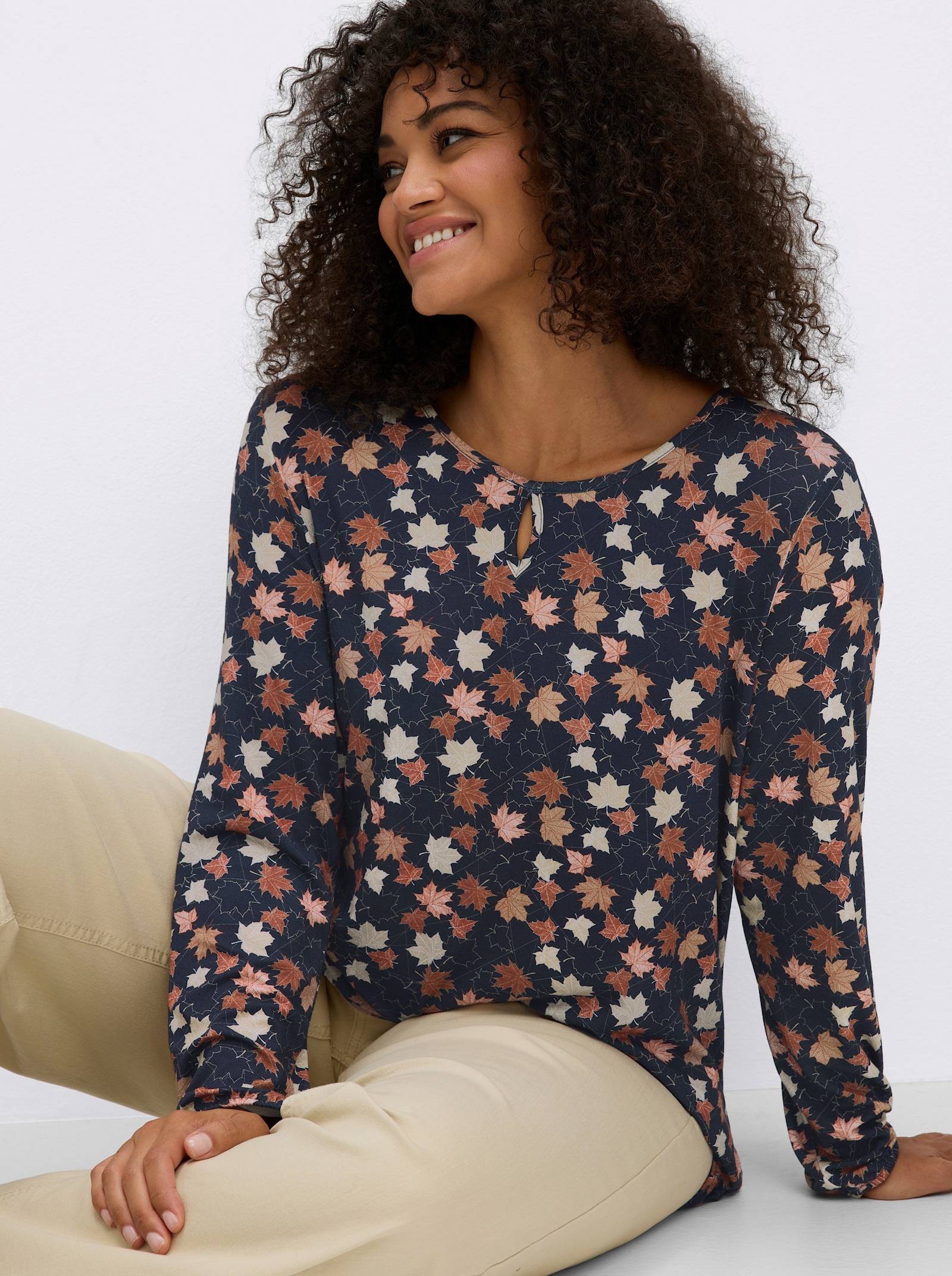 Langarmshirt - marine-rotbraun-bedruckt