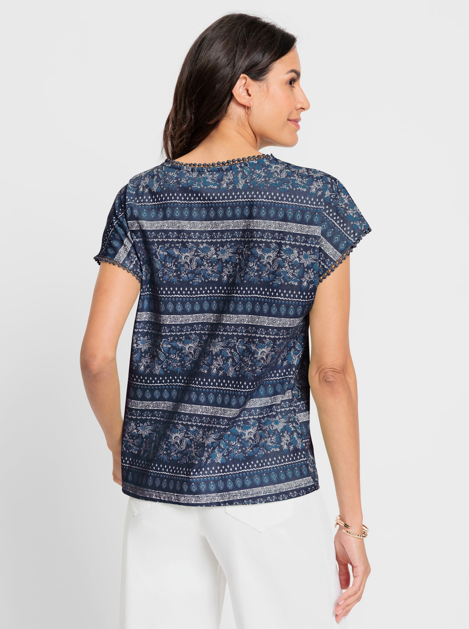 Print-Shirt mit Spitzenborte - marine-ecru-bedruckt