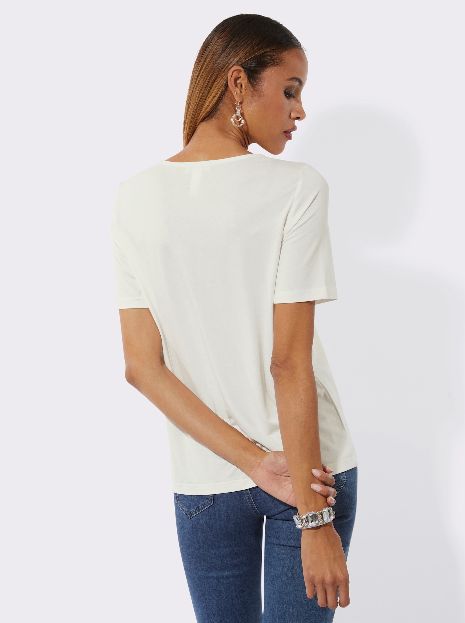 Kurzarmshirt mit Schriftzug aus Glitzersteinchen - ecru