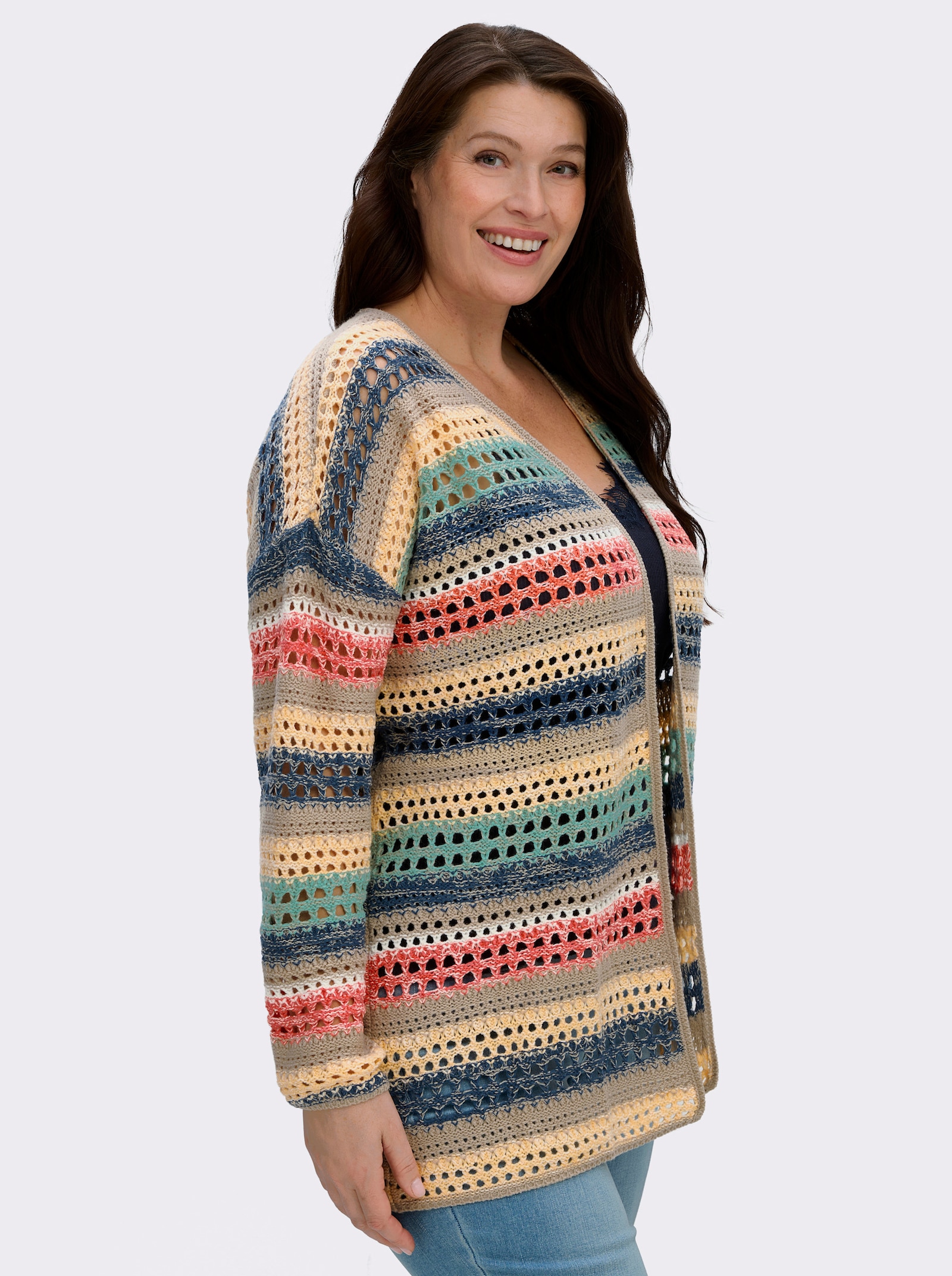 Ajourstrickjacke in Streifen-Optik - sesam-apricot-gemustert