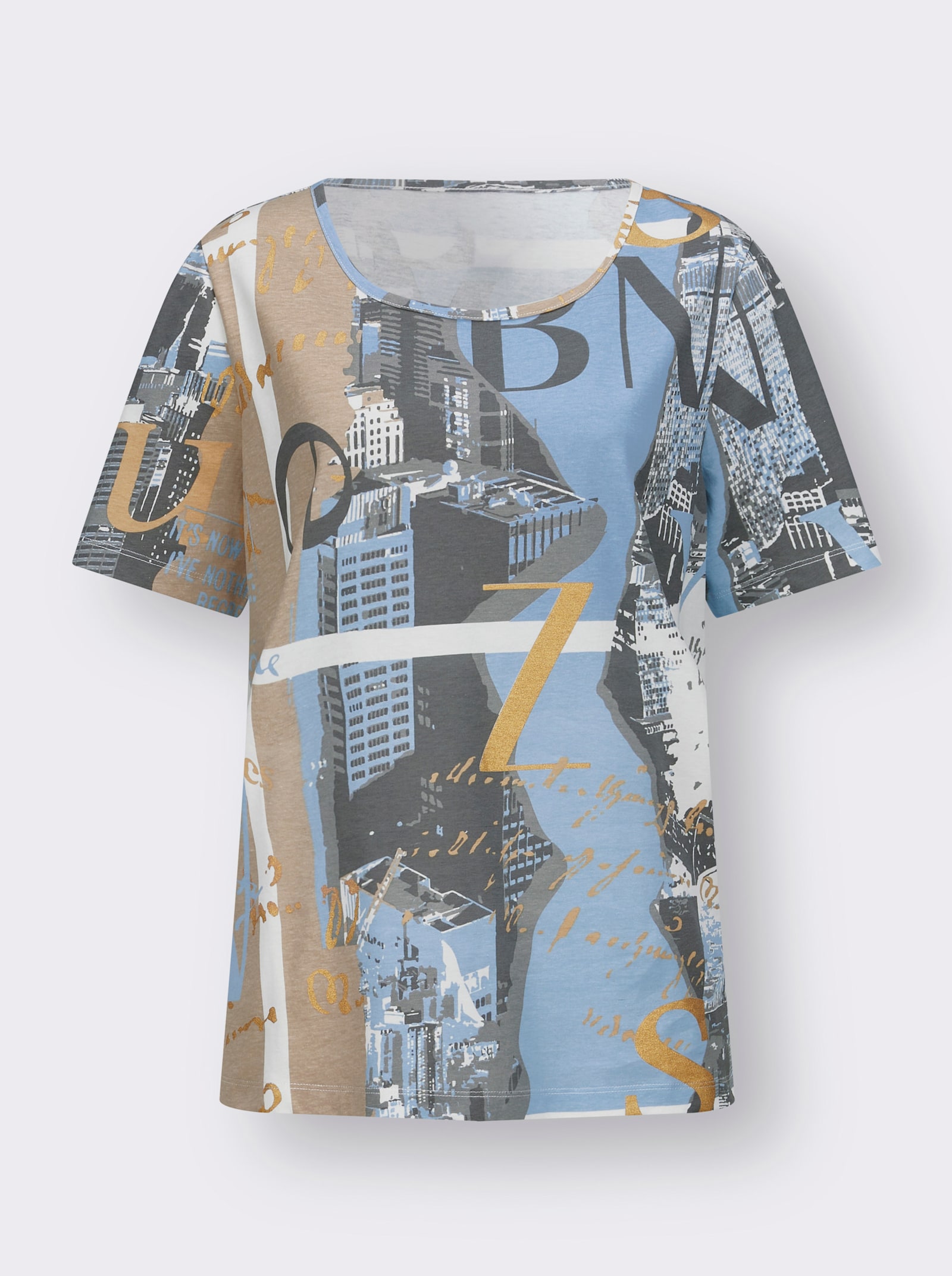 Rundhalsshirt mit Glitzerdruck - ecru-bleu-bedruckt